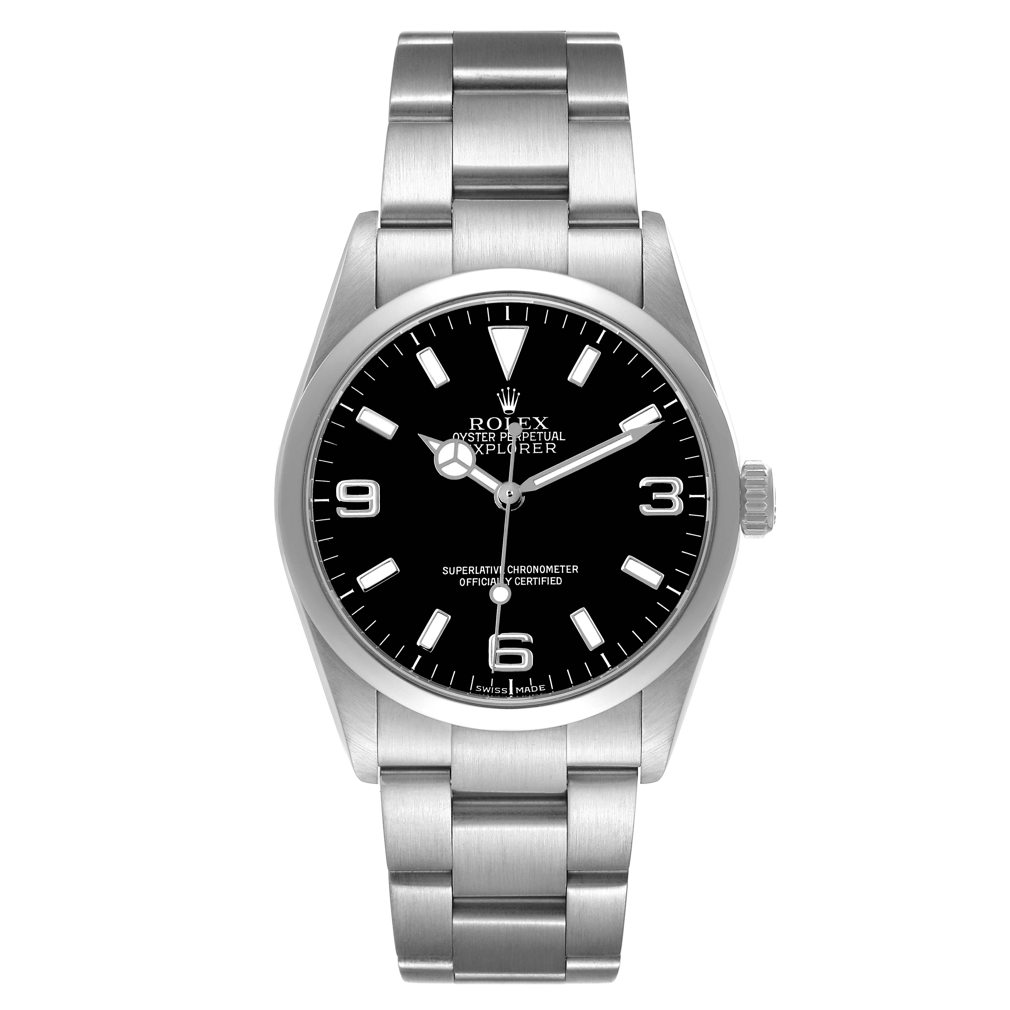 The Rolex Explorer 114270 Men's Stainless Steel Black Dial watch is shown from the front, displaying the dial, case, bracelet, and crown.