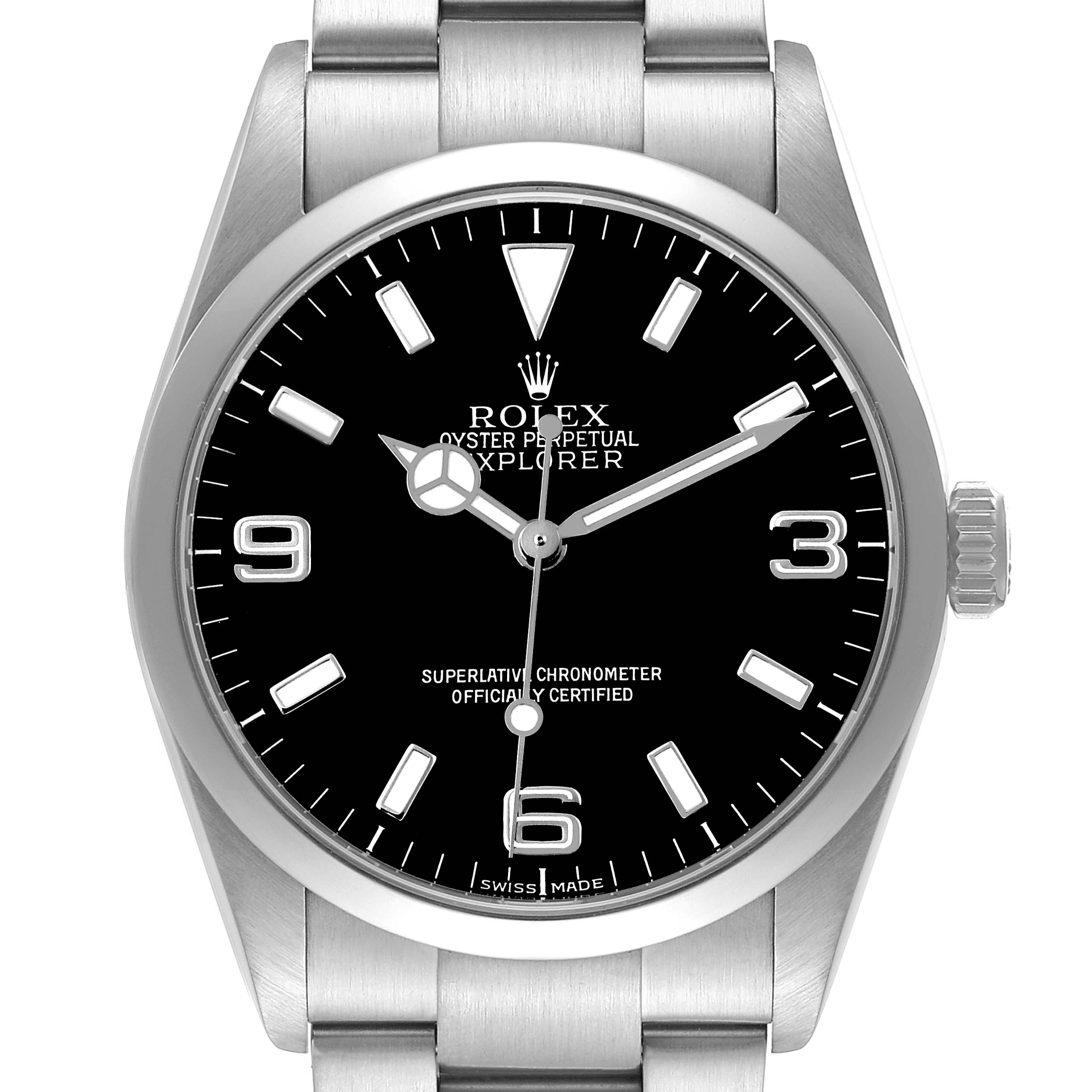 The Rolex Explorer 114270 Men's Stainless Steel Black Dial watch is shown from the front, displaying the dial, hands, crown, and part of the bracelet.