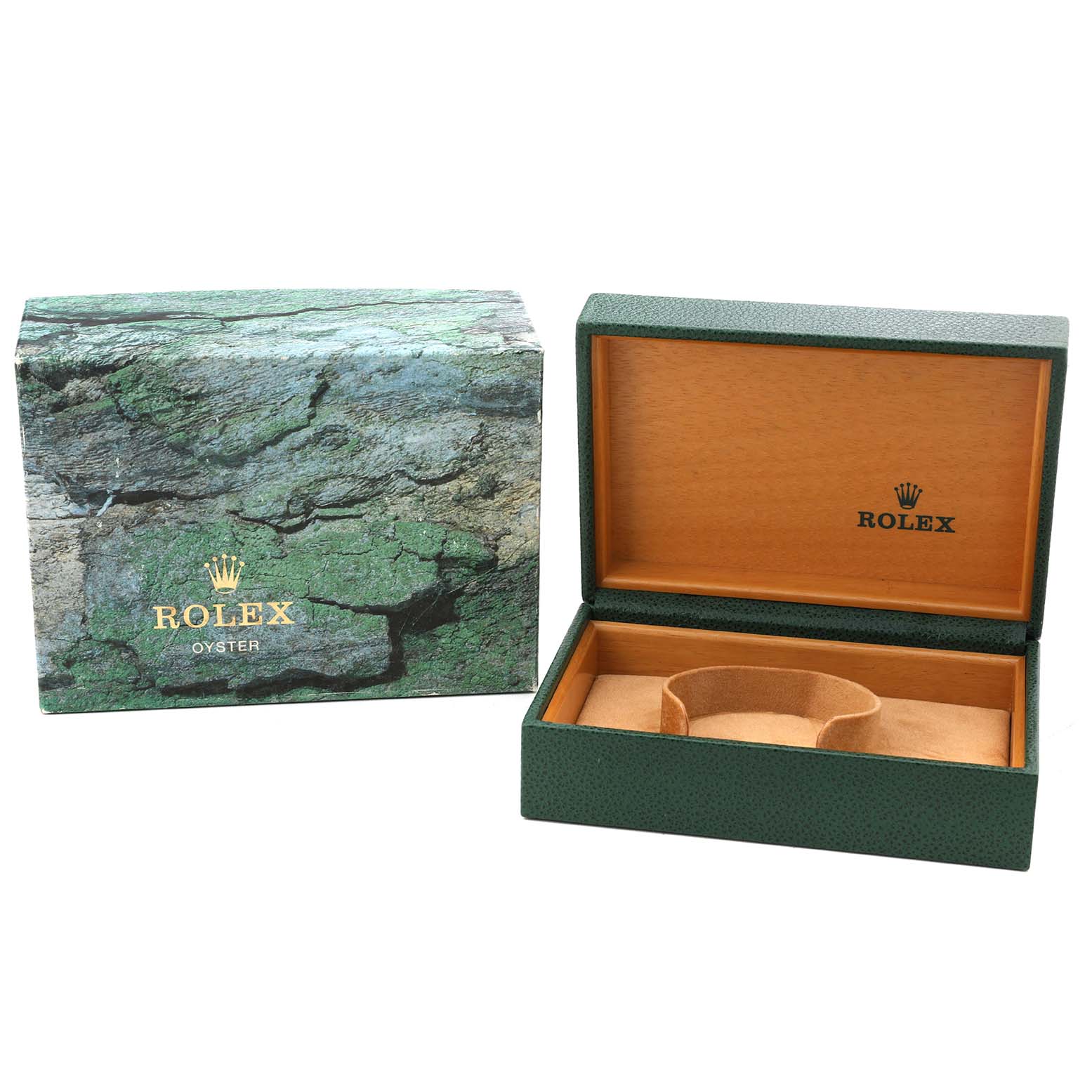 The image shows a Rolex Explorer 114270 Men's Stainless Steel Black Dial watch box and outer packaging displayed open, revealing the inside lining.