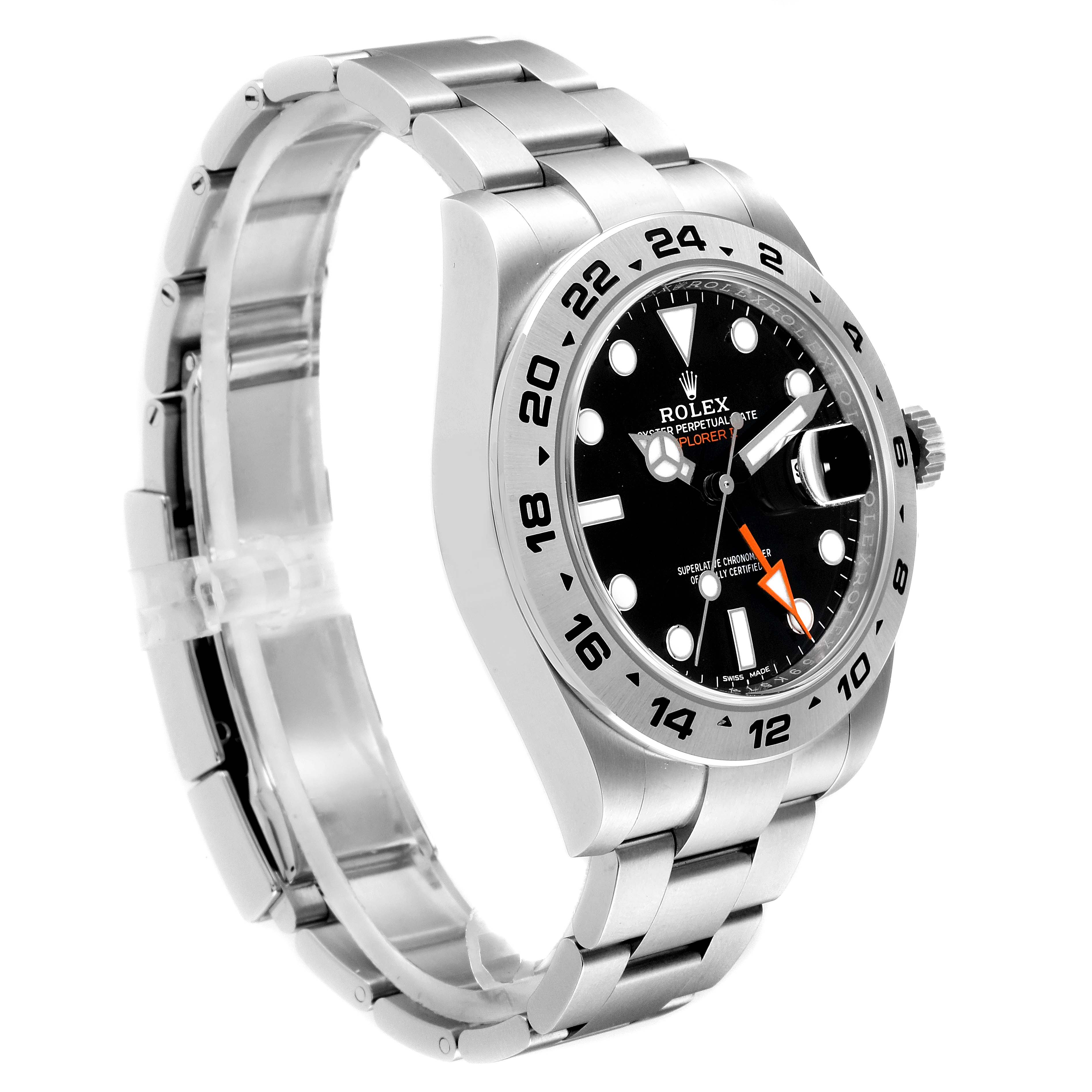 This image displays a side profile of the Rolex Explorer 216570 Men
s Stainless Steel Black Dial 216570 Men
s Stainless Steel Black Dial watch, showcasing its bracelet, bezel, dial, and crown.
