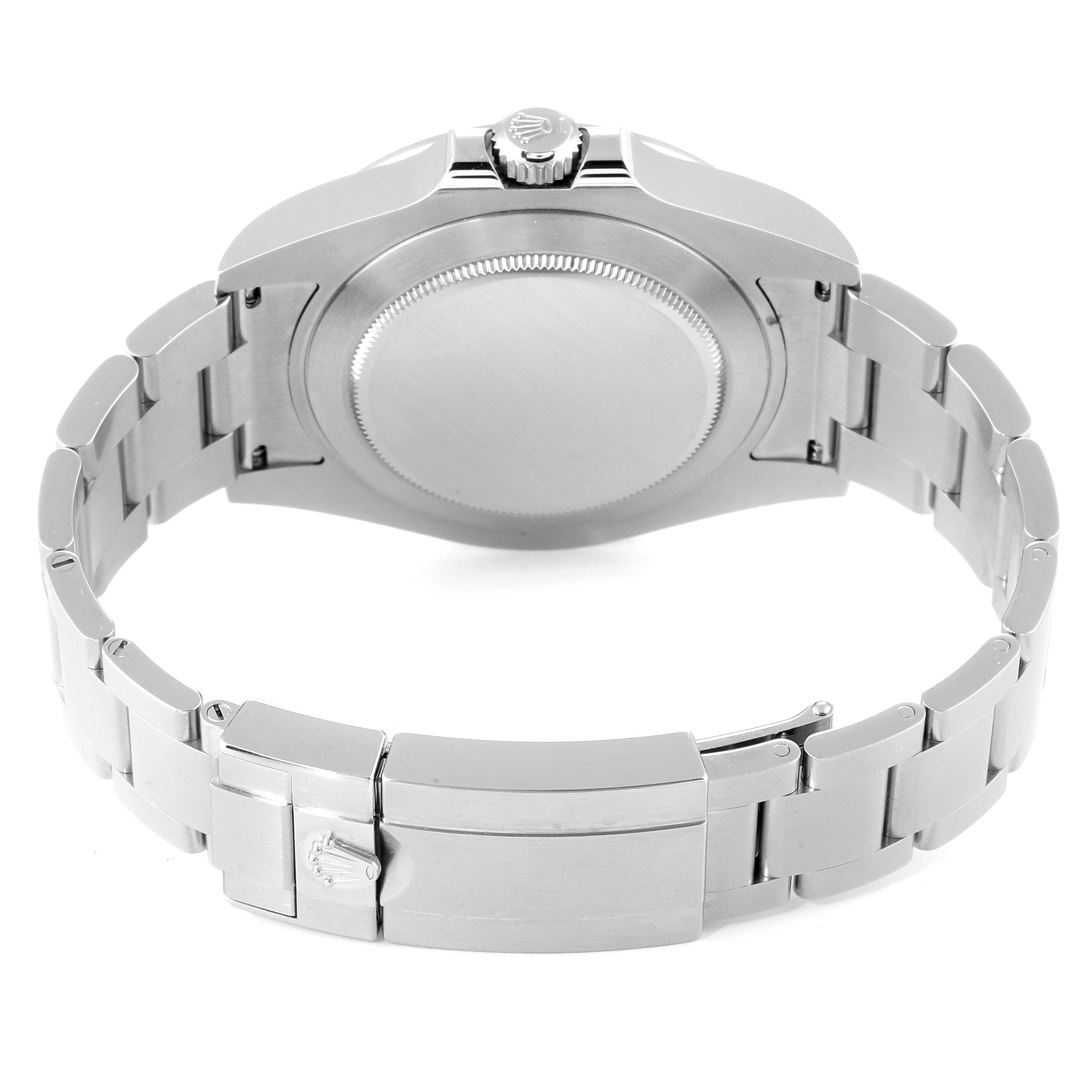 The Rolex Explorer 216570 Men
s Stainless Steel Black Dial 216570 Men
s Stainless Steel Black Dial watch is shown from the back, showcasing the closed clasp, bracelet, and case back.