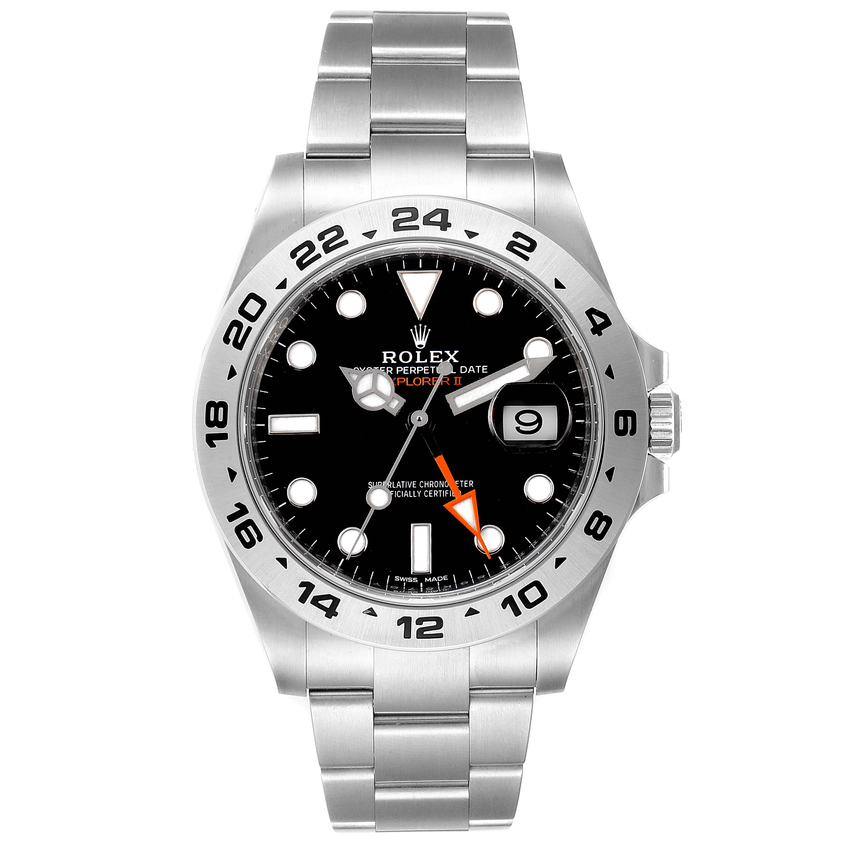 The image shows a front view of a Rolex Explorer 216570 Men
s Stainless Steel Black Dial 216570 Men
s Stainless Steel Black Dial watch, featuring its black dial, date display, and stainless steel bracelet.