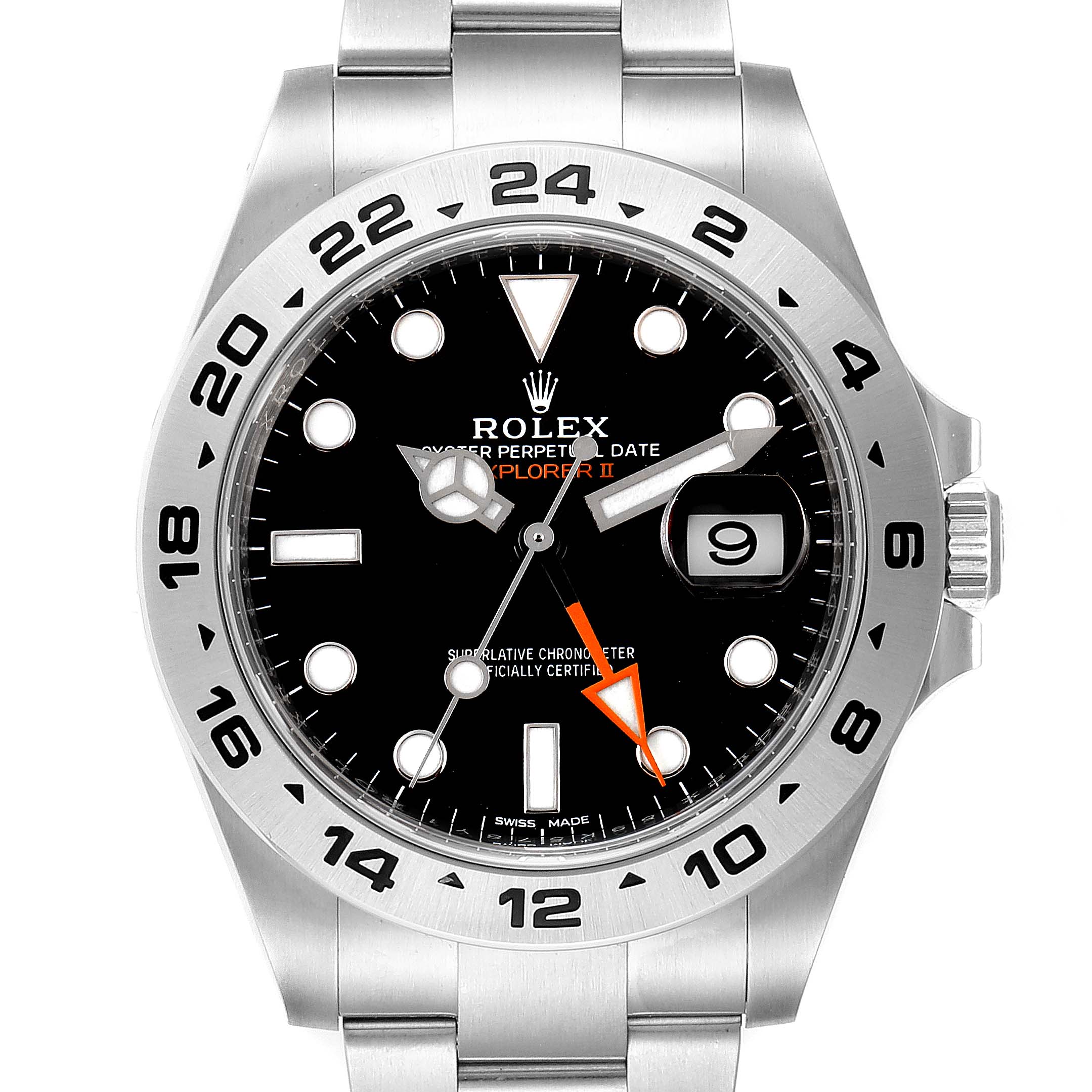 The image shows a front view of the Rolex Explorer 216570 Men
s Stainless Steel Black Dial 216570 Men
s Stainless Steel Black Dial watch, highlighting the face, bezel, and part of the bracelet.