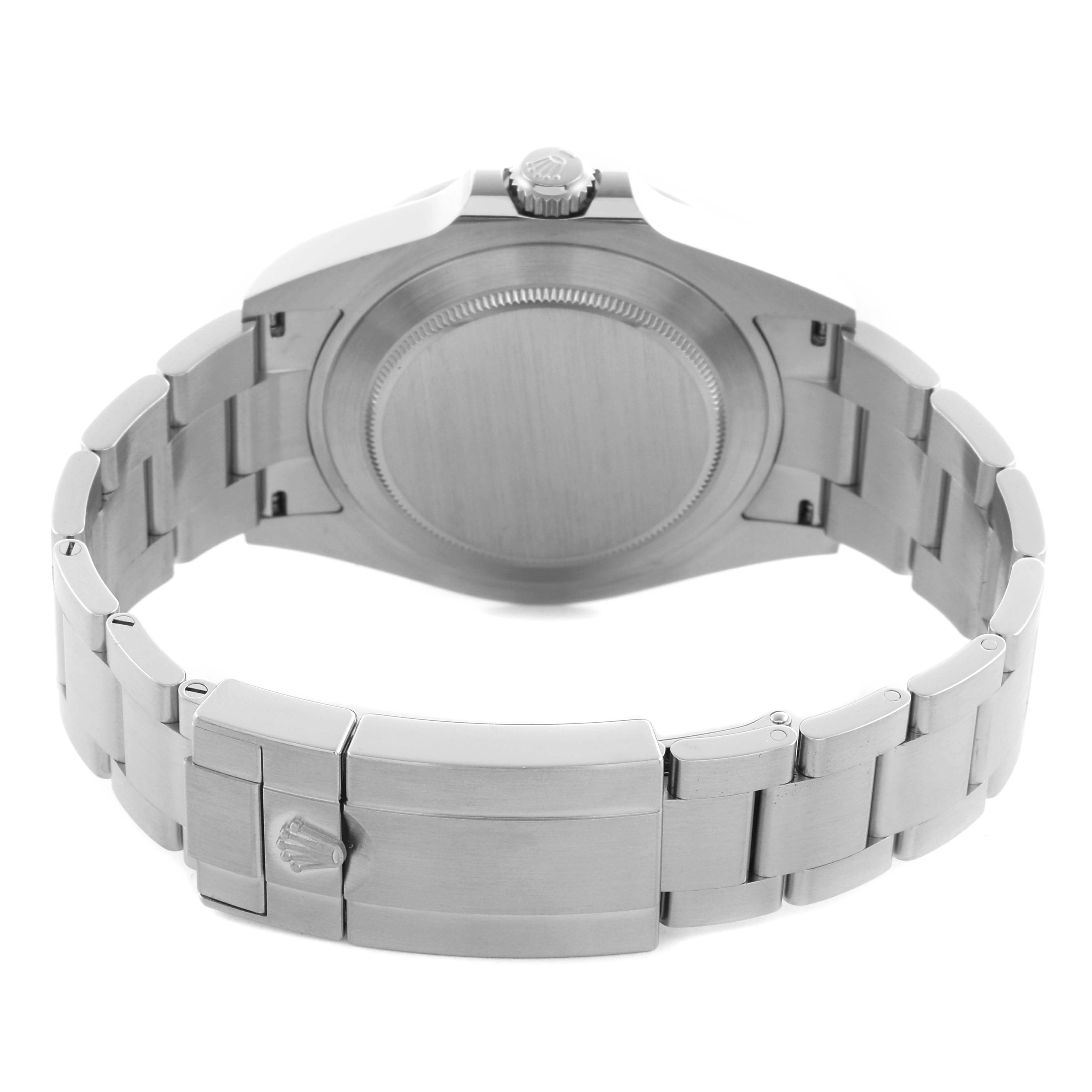 The image shows the back view of a Rolex Explorer 226570 Men
s Stainless Steel Black Dial 226570 Men
s Stainless Steel Black Dial watch, highlighting the caseback, bracelet, and clasp.