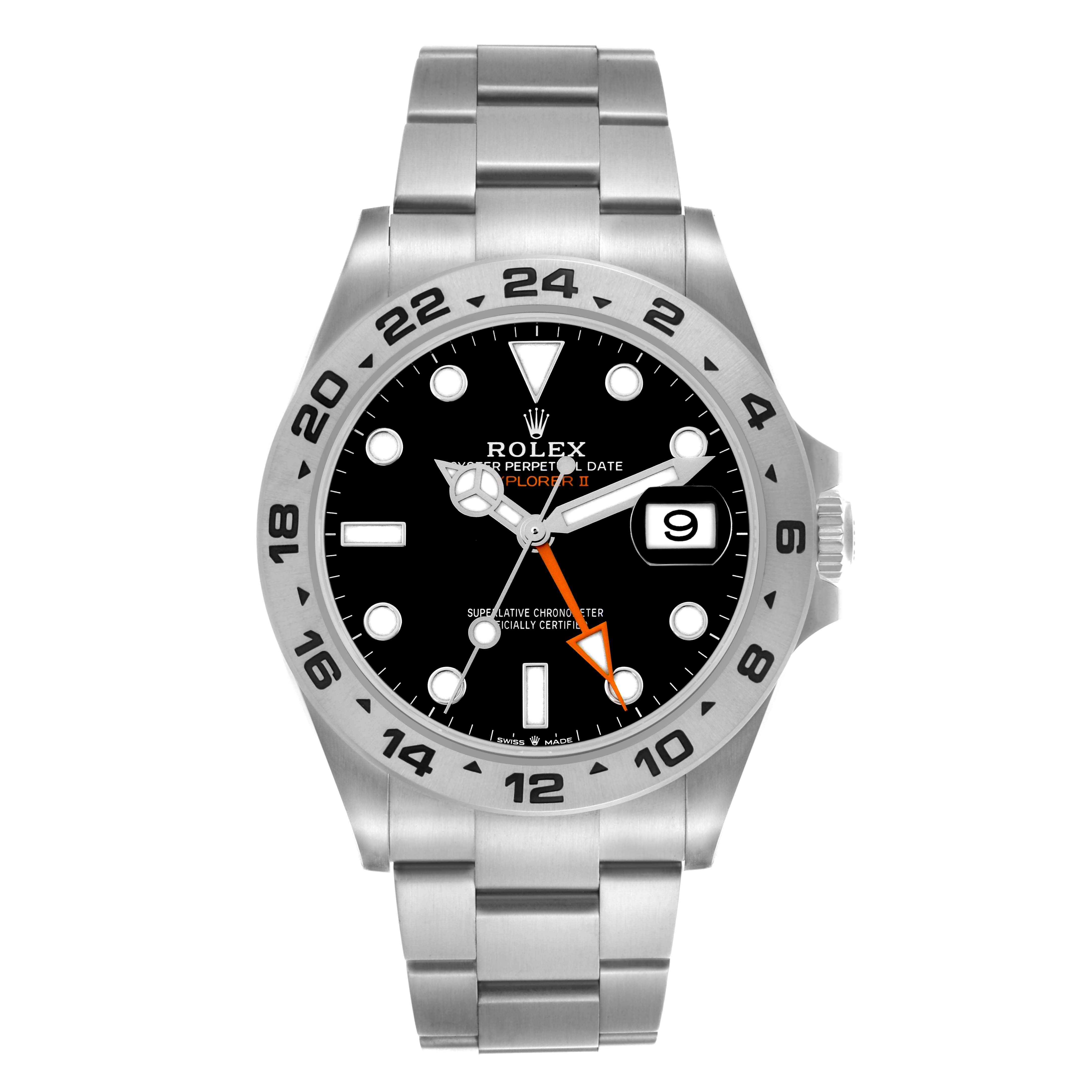 The Rolex Explorer 226570 Men
s Stainless Steel Black Dial 226570 Men
s Stainless Steel Black Dial watch is shown from the front, highlighting its dial, bezel, date, and bracelet.