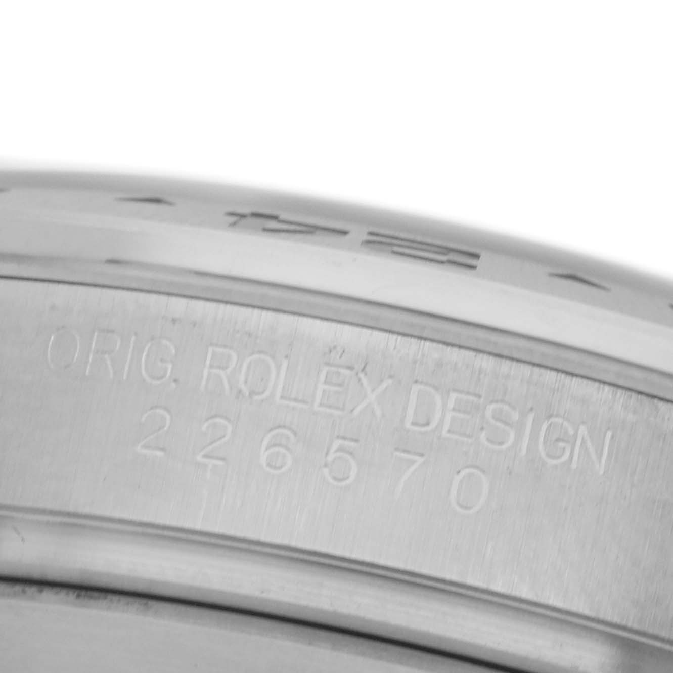 The image shows a close-up of the engraving on the case of a Rolex Explorer 226570 Men
s Stainless Steel Black Dial 226570 Men
s Stainless Steel Black Dial watch.