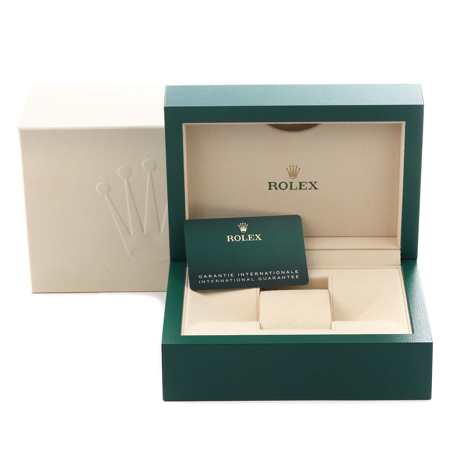 The image shows a Rolex Explorer 226570 Men
s Stainless Steel Black Dial 226570 Men
s Stainless Steel Black Dial watch box opened, featuring a guarantee card, from a front angle.