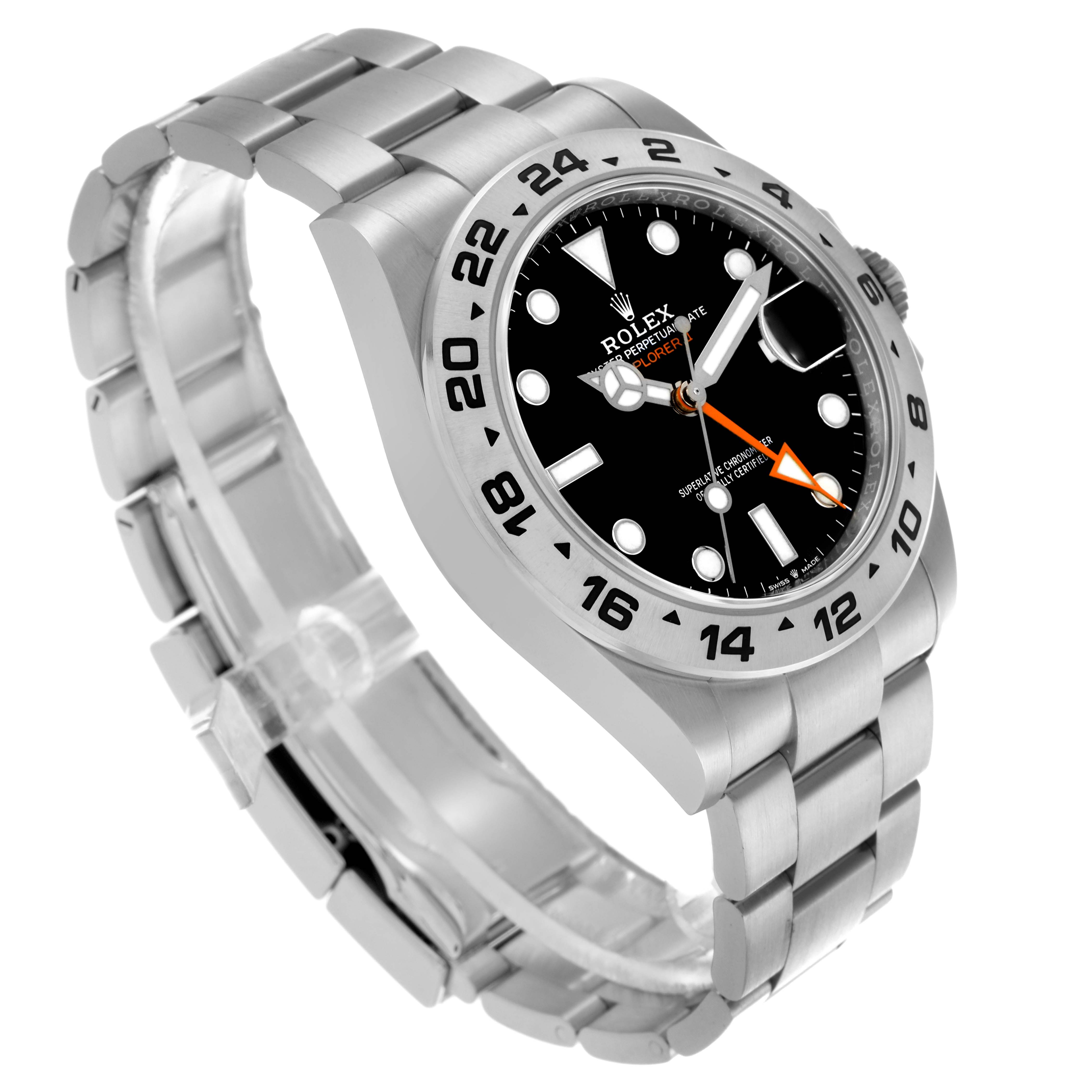 The Rolex Explorer 226570 Men
s Stainless Steel Black Dial 226570 Men
s Stainless Steel Black Dial watch is shown at a three-quarter angle, highlighting the face, bezel, bracelet, and crown.