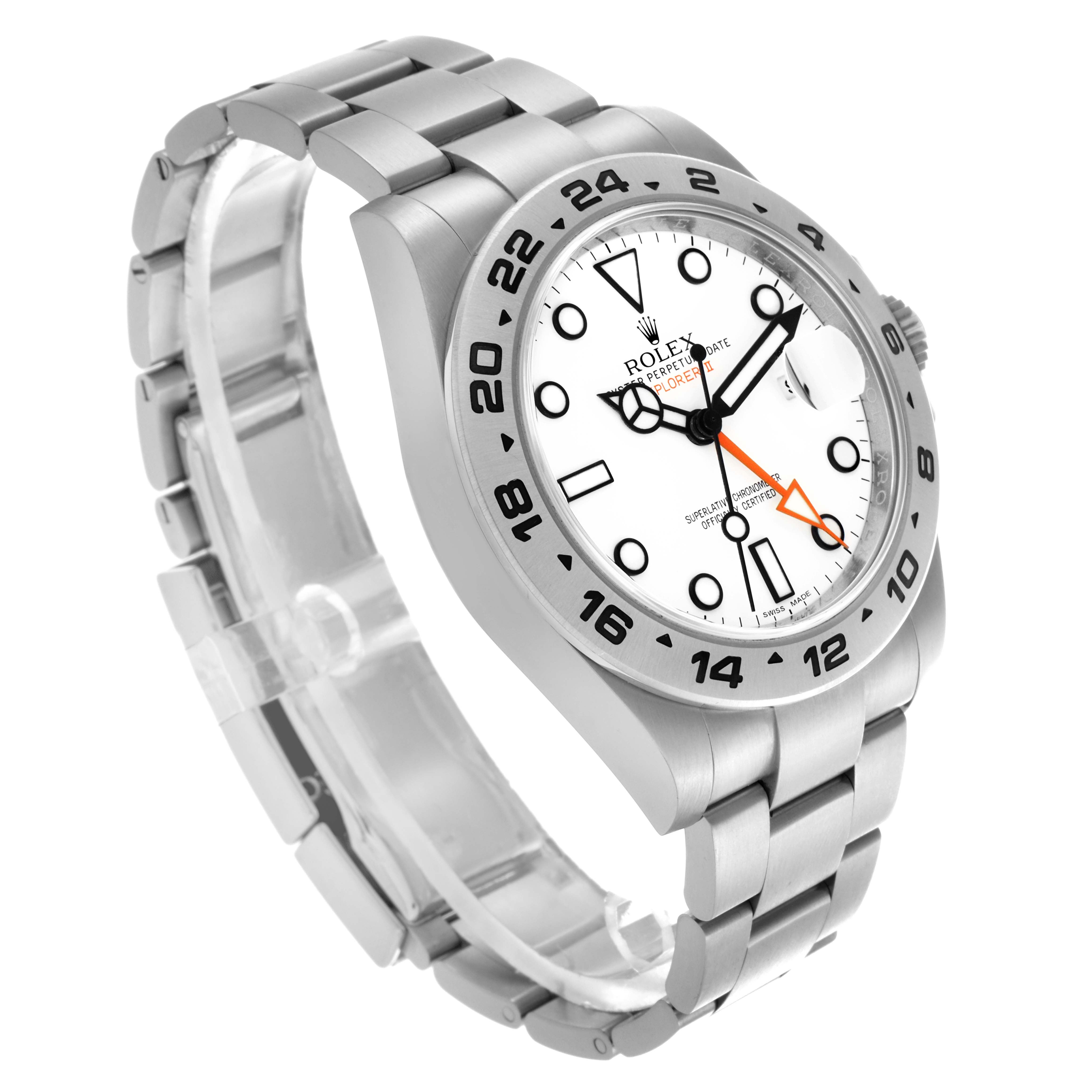 The Rolex Explorer 216570 Men's Stainless Steel White Dial 216570 Men's Stainless Steel White Dial watch is shown at a three-quarter angle, displaying the dial, bezel, and bracelet.