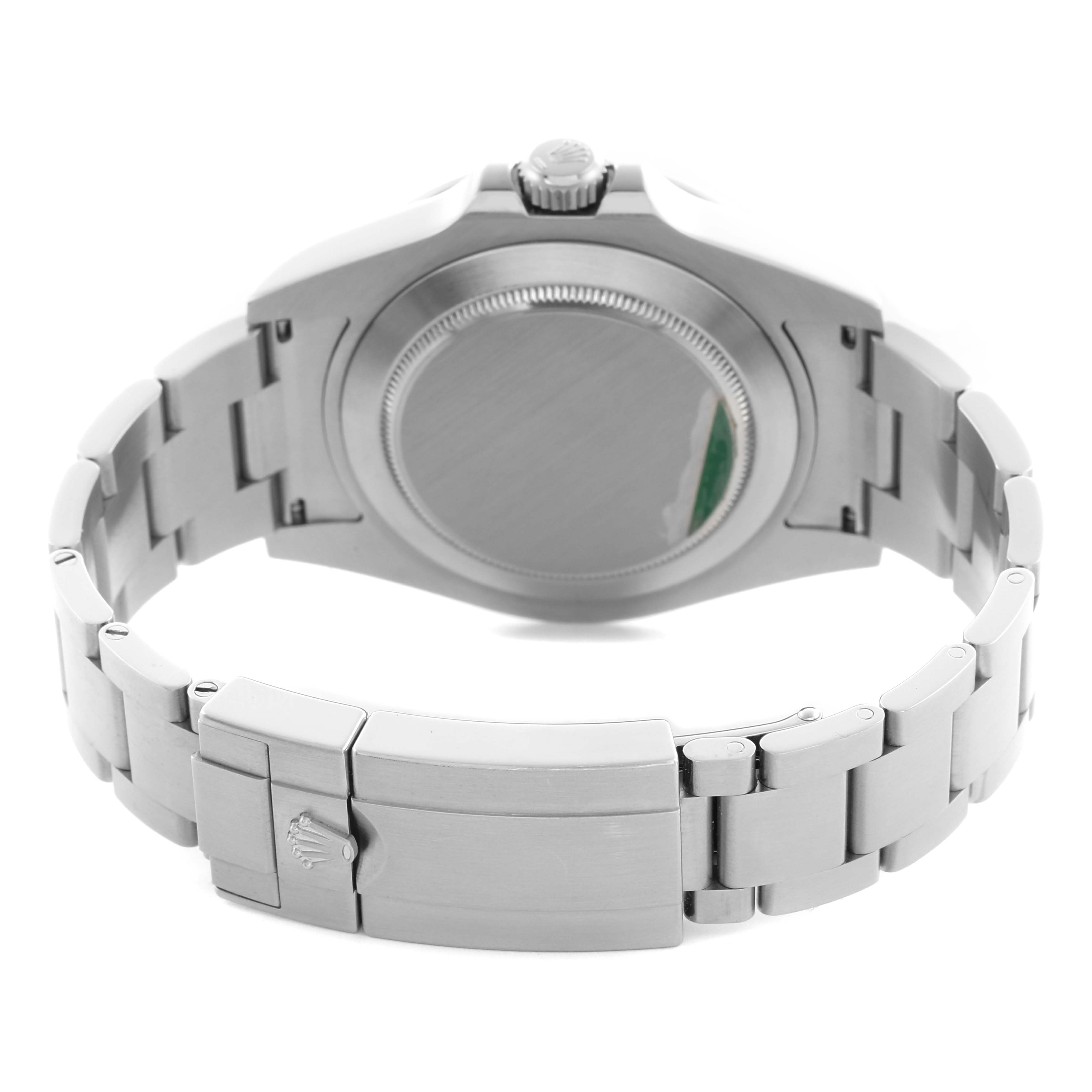 The Rolex Explorer 216570 Men's Stainless Steel White Dial 216570 Men's Stainless Steel White Dial is shown from the back, highlighting the clasp, bracelet, and case back.