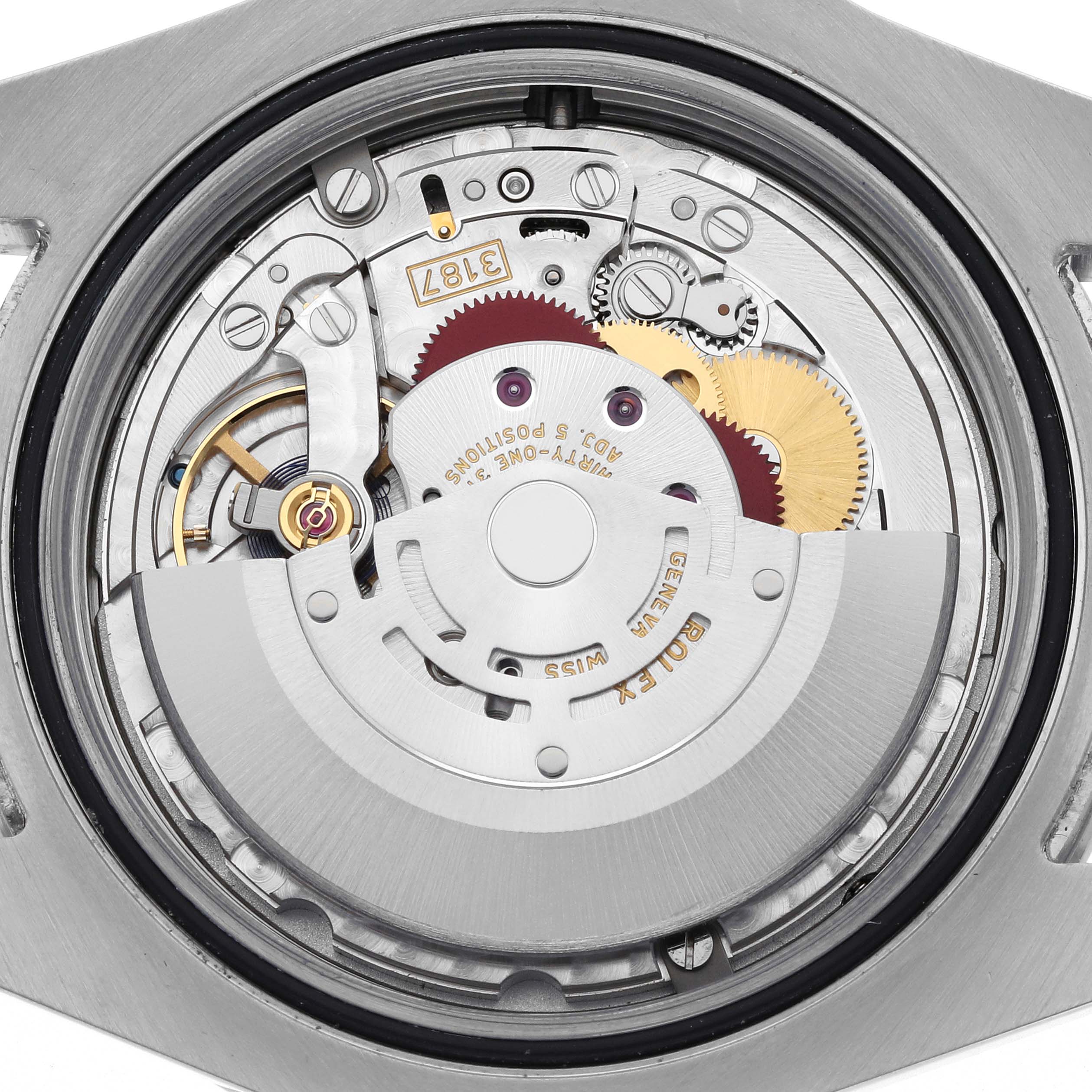 The image shows the movement of a Rolex Explorer 216570 Men's Stainless Steel White Dial 216570 Men's Stainless Steel White Dial watch, displaying gears and the rotor from the back.