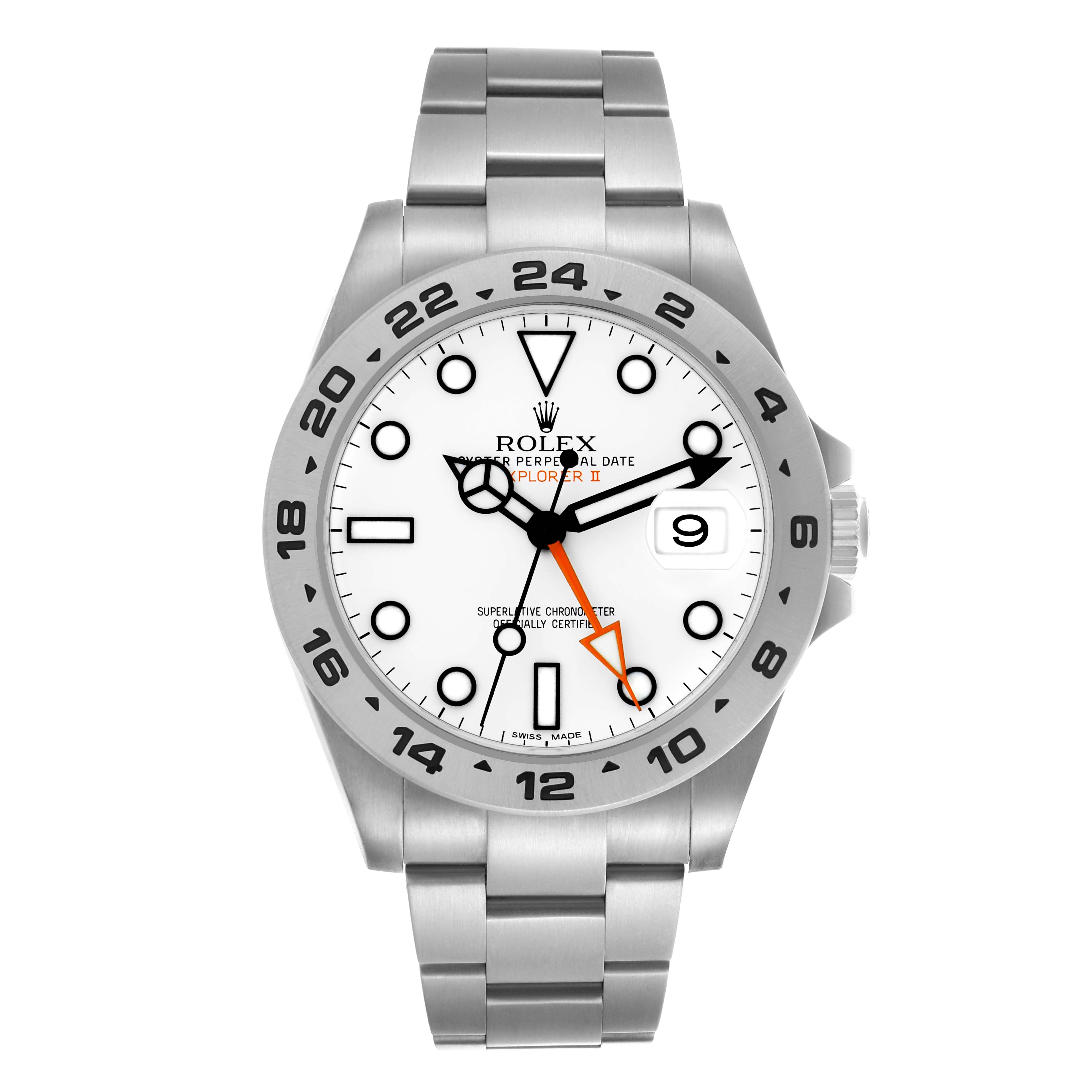 The Rolex Explorer 216570 Men's Stainless Steel White Dial 216570 Men's Stainless Steel White Dial watch is shown from a front angle, displaying its dial, bezel, and bracelet.