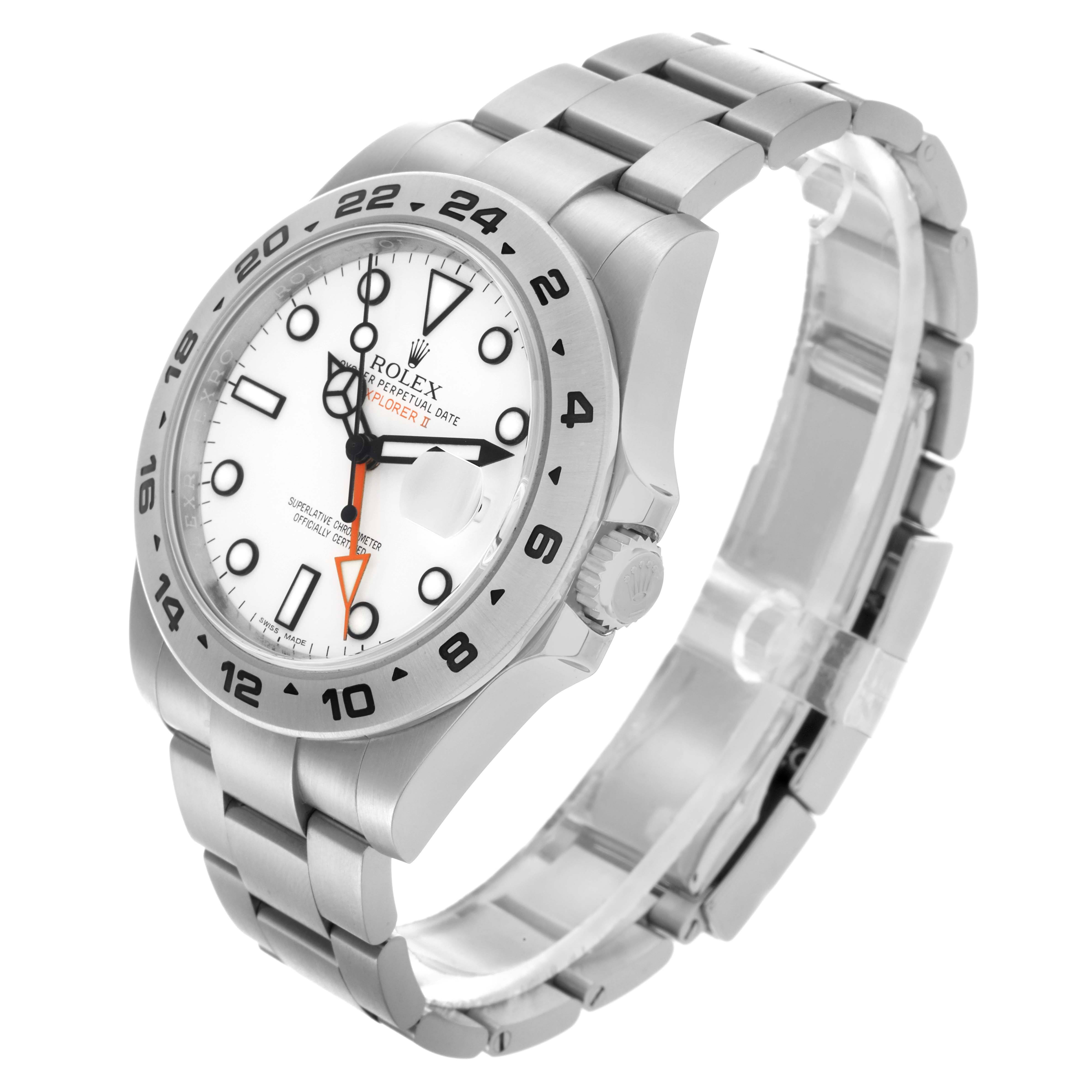 The Rolex Explorer 216570 Men's Stainless Steel White Dial 216570 Men's Stainless Steel White Dial watch is shown at a three-quarter angle, highlighting the face, bezel, crown, and strap.