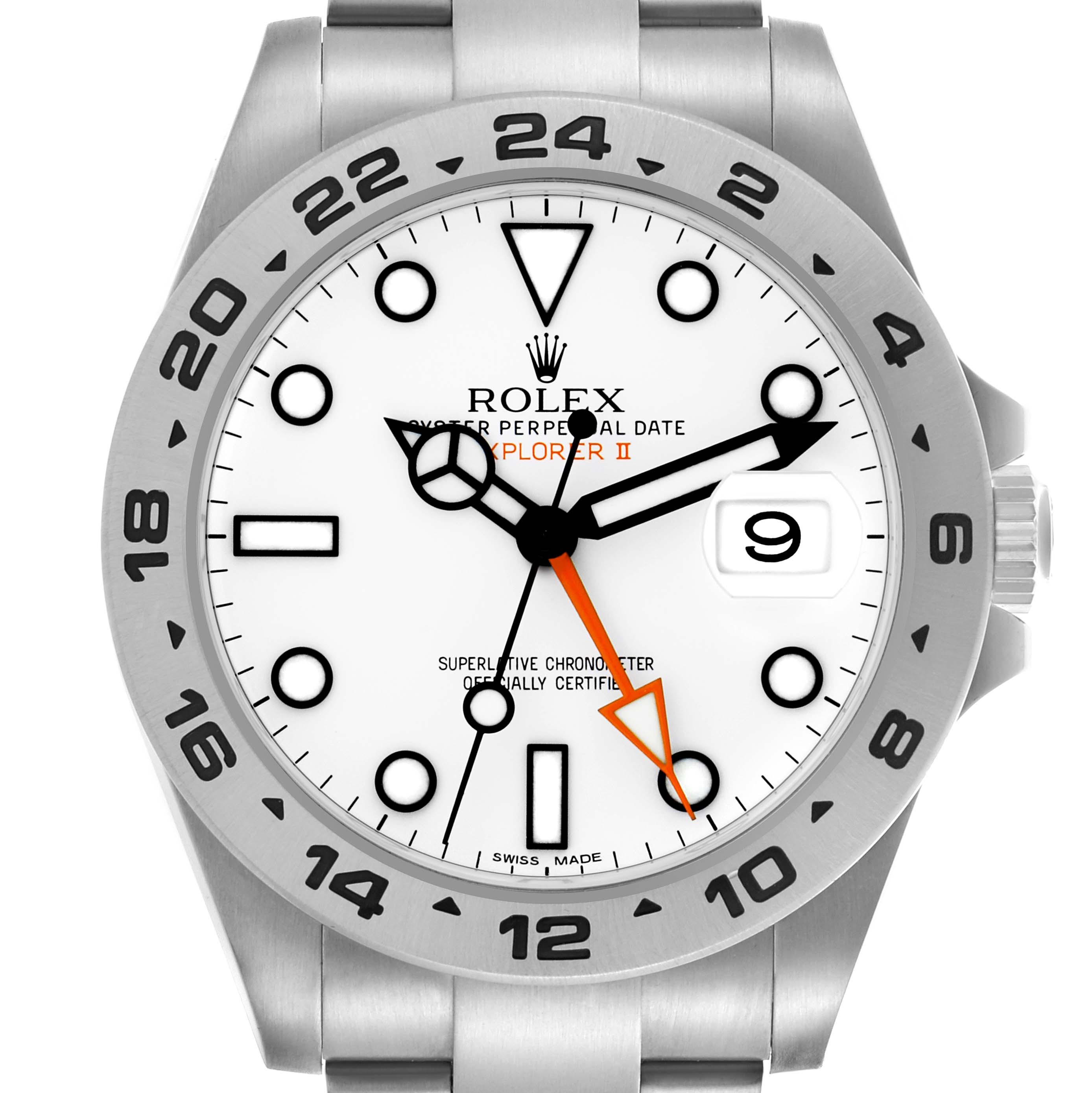 The Rolex Explorer 216570 Men's Stainless Steel White Dial 216570 Men's Stainless Steel White Dial watch is shown from the front, highlighting the dial, hands, bezel, and date window.