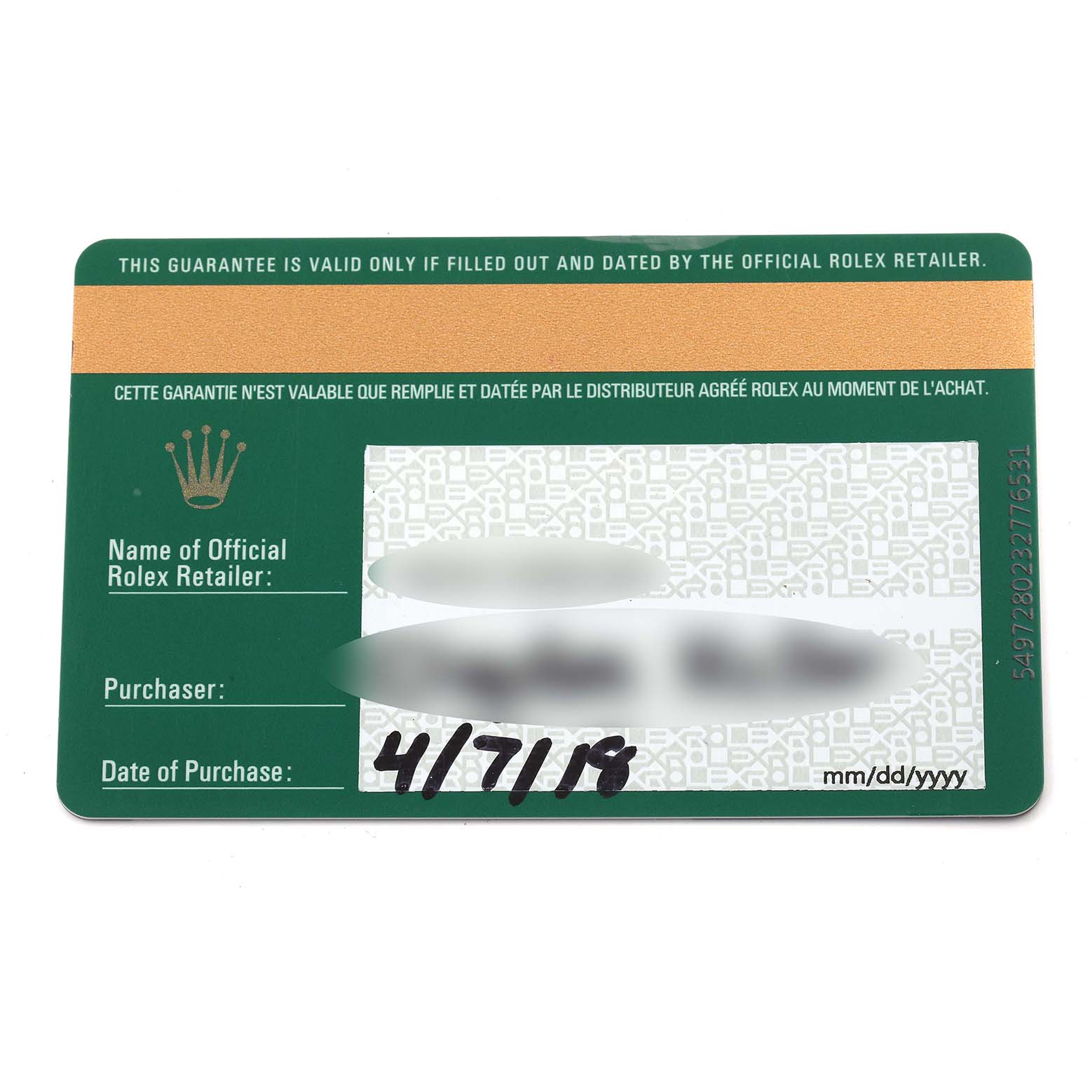 The image shows a warranty card for a Rolex Explorer 216570 Men's Stainless Steel White Dial 216570 Men's Stainless Steel White Dial watch, viewed from the front, with purchase details.