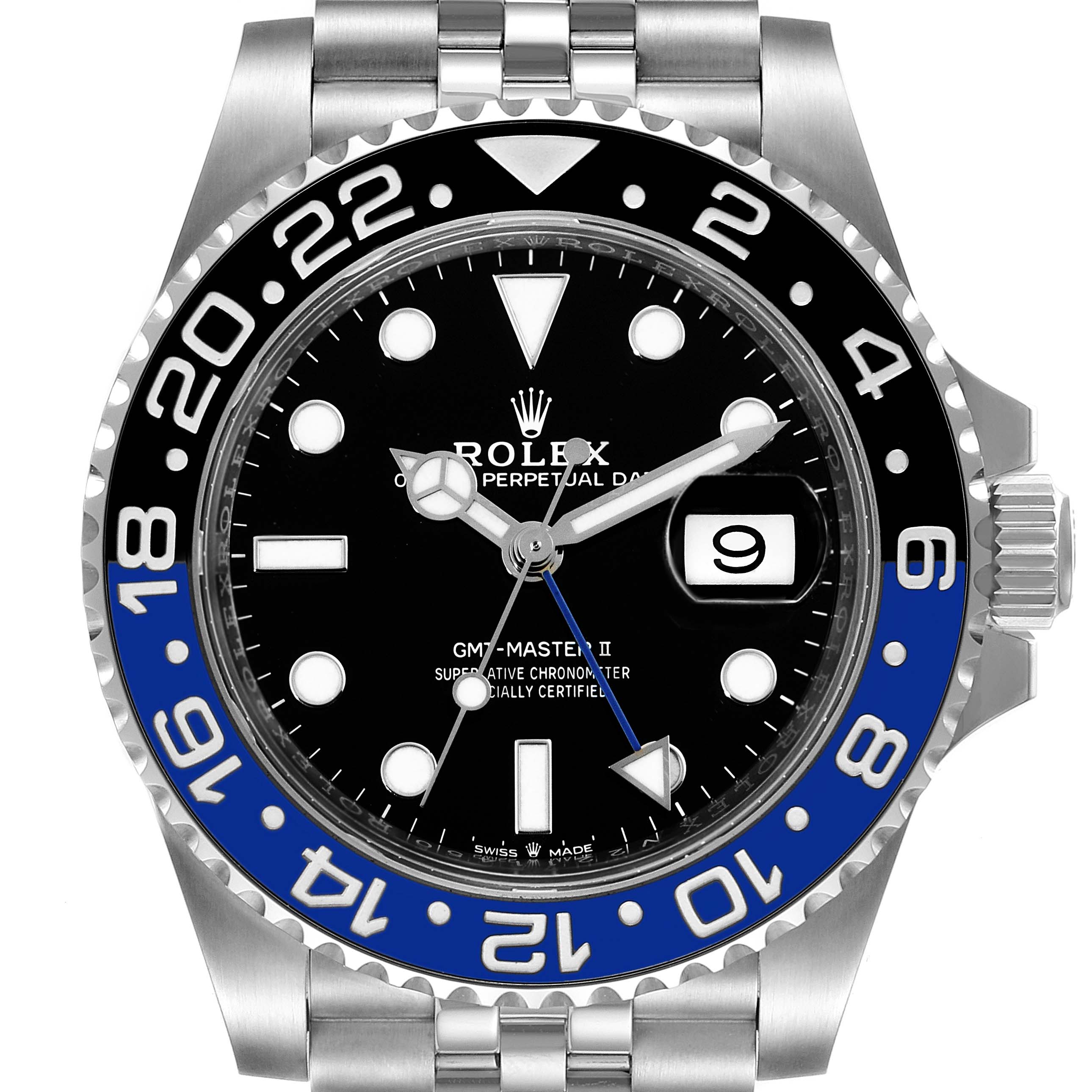 The image shows a front view of the Rolex GMT-Master 126710 Men
s Stainless Steel Black Dial 126710 Men
s Stainless Steel Black Dial II watch with the face, bezel, hands, crown, and bracelet visible.