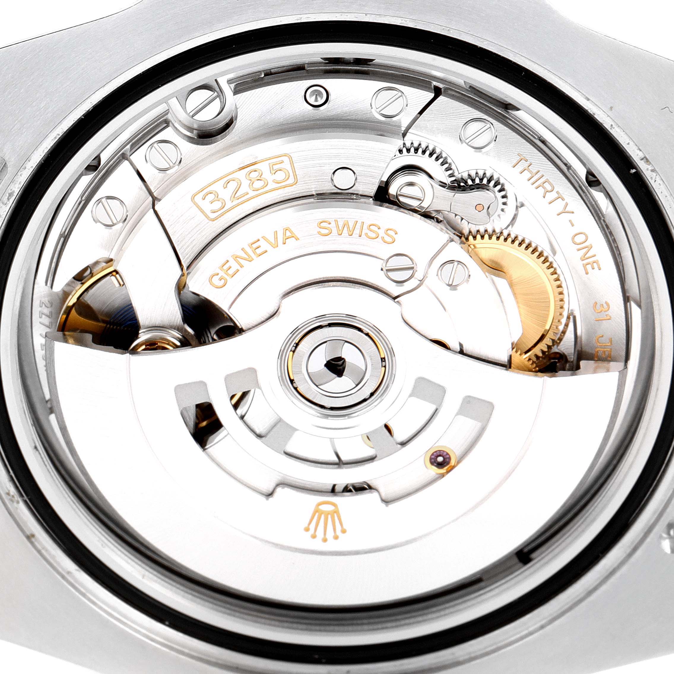 This is a close-up view of the intricate movement parts of a Rolex GMT-Master 126710 Men
s Stainless Steel Black Dial 126710 Men
s Stainless Steel Black Dial watch, showcasing the gears and inner mechanisms.