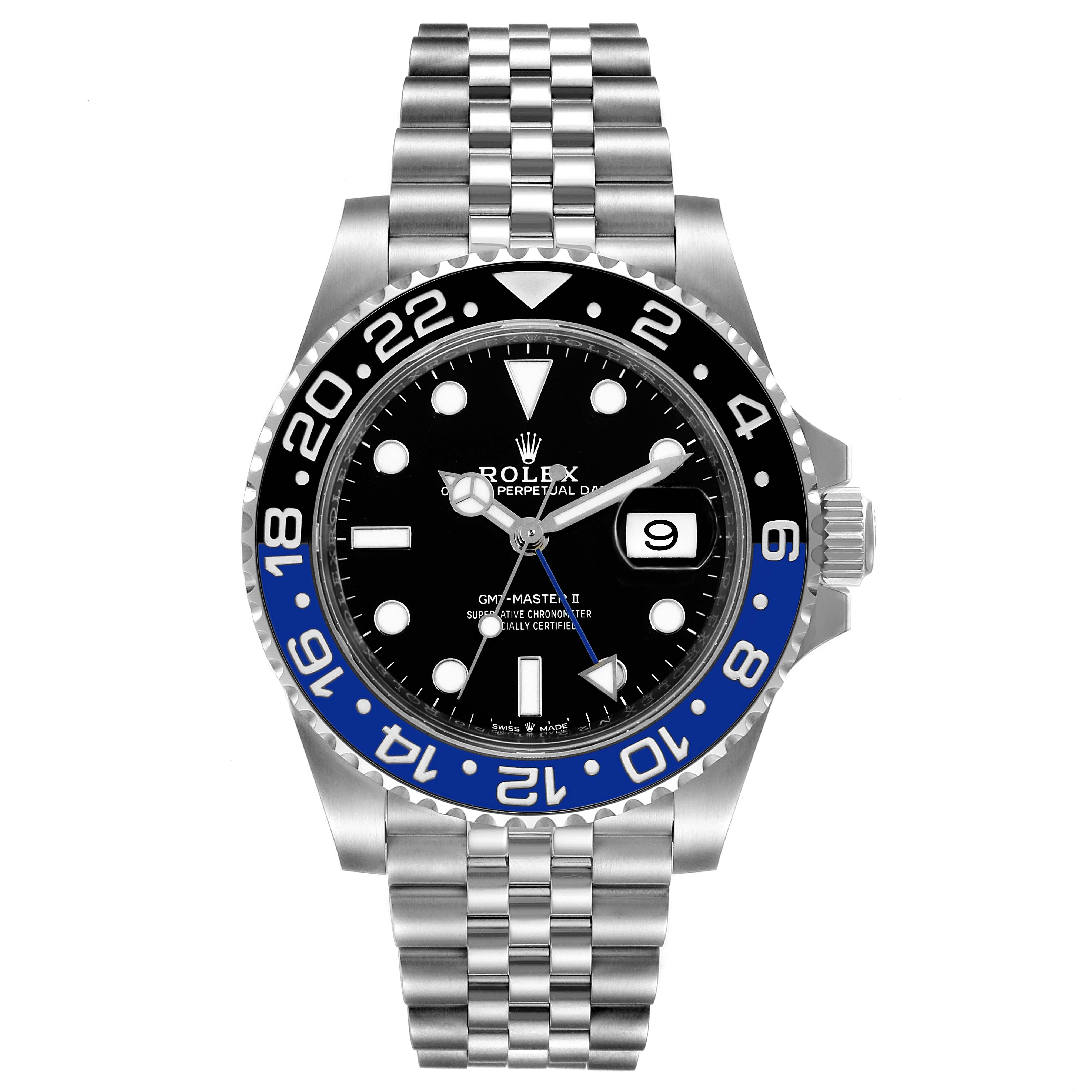 The image shows a frontal view of the Rolex GMT-Master 126710 Men
s Stainless Steel Black Dial 126710 Men
s Stainless Steel Black Dial II watch, highlighting its bezel, dial, hands, and bracelet.