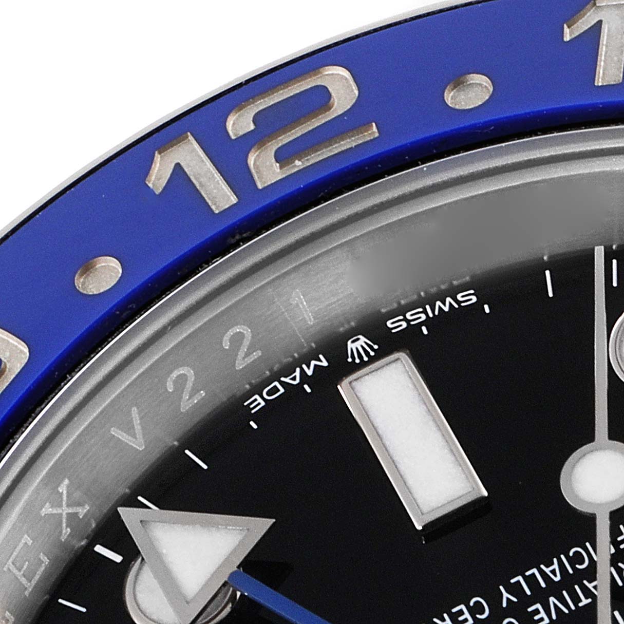 This close-up angle shows the bezel, part of the dial, and hour markers of a Rolex GMT-Master 126710 Men
s Stainless Steel Black Dial 126710 Men
s Stainless Steel Black Dial watch.