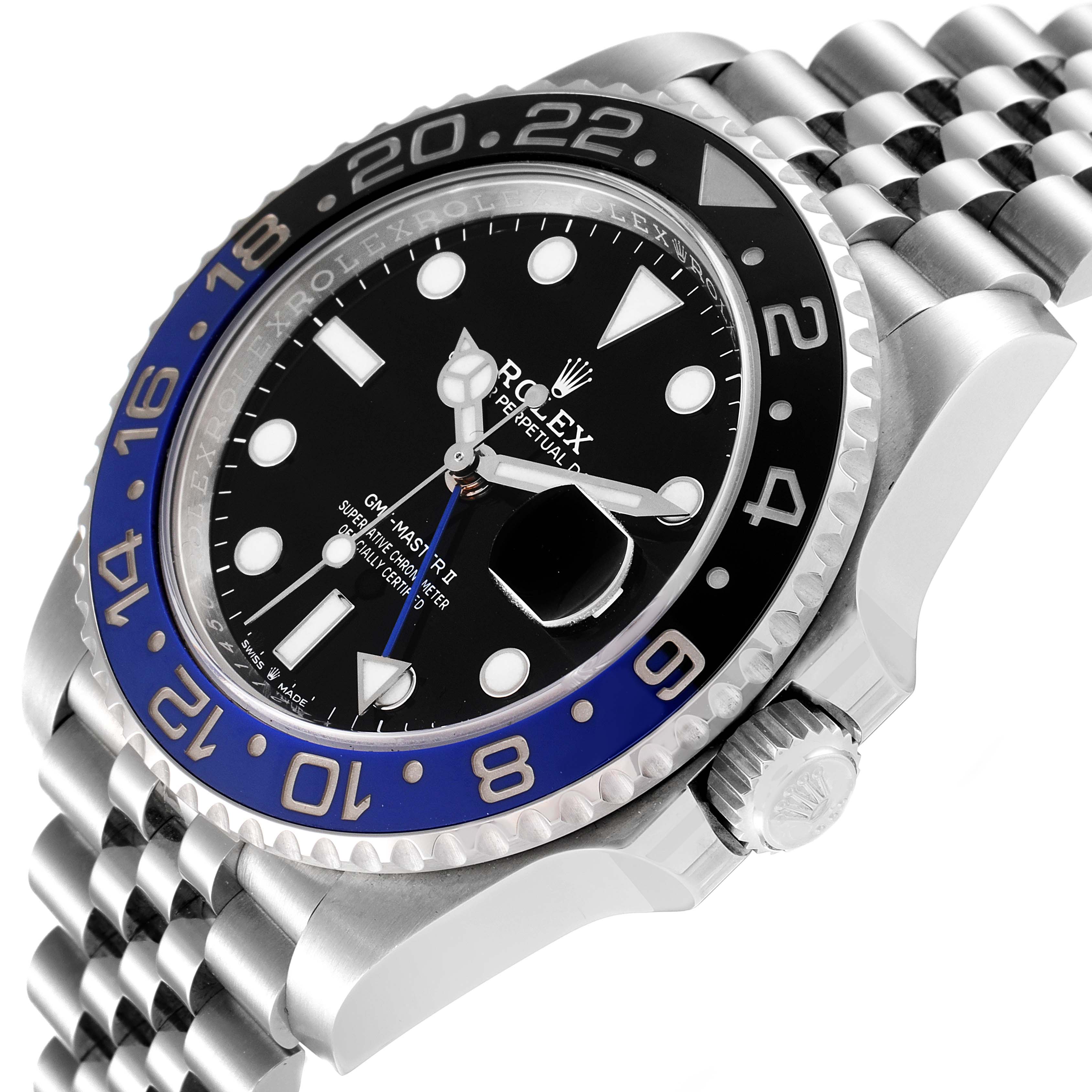 This image shows a close-up side angle of the Rolex GMT-Master 126710 Men
s Stainless Steel Black Dial 126710 Men
s Stainless Steel Black Dial watch, focusing on the bezel, dial, crown, and part of the bracelet.
