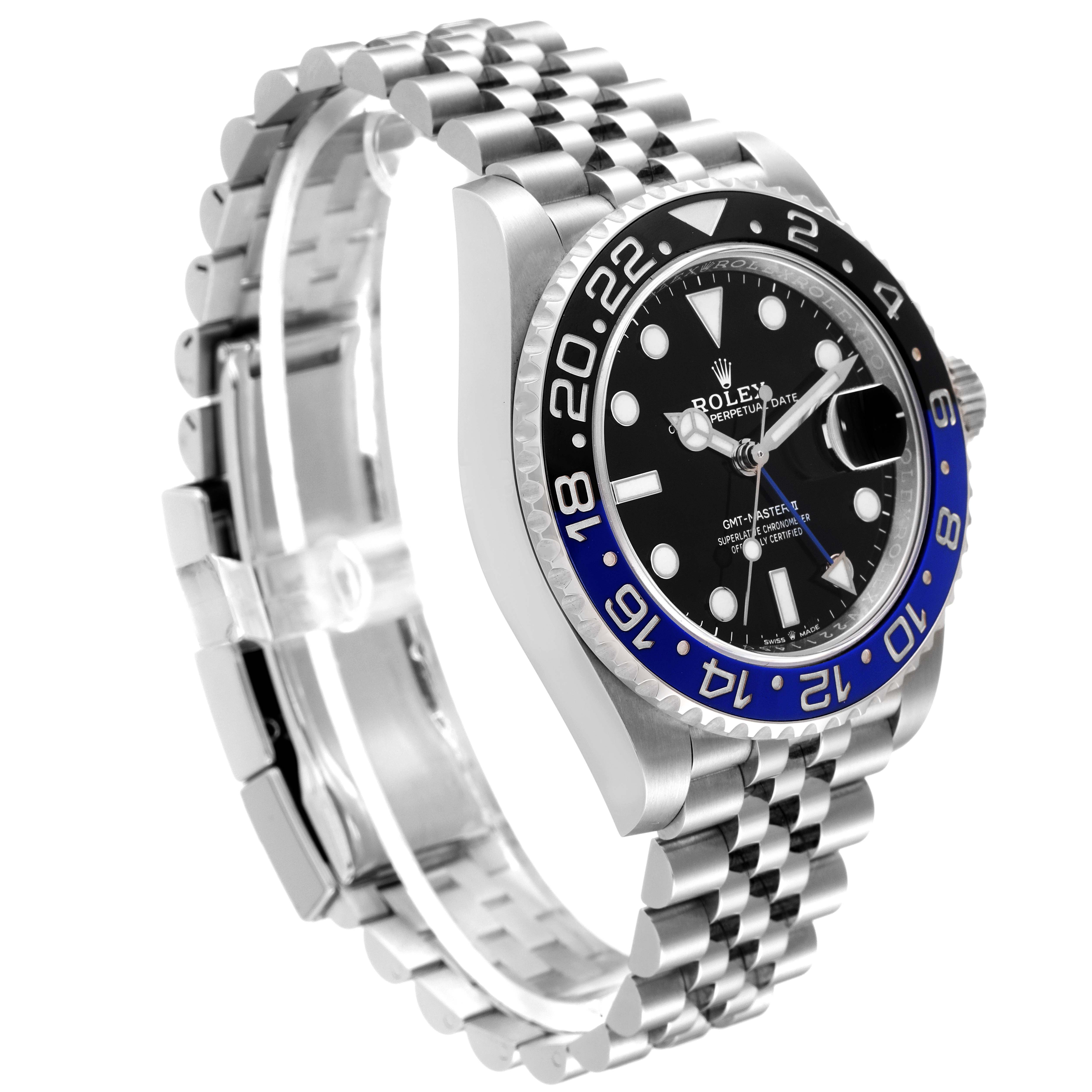 The image shows a Rolex GMT-Master 126710 Men
s Stainless Steel Black Dial 126710 Men
s Stainless Steel Black Dial watch at a slight angle, highlighting the dial, bezel, crown, and part of the bracelet.