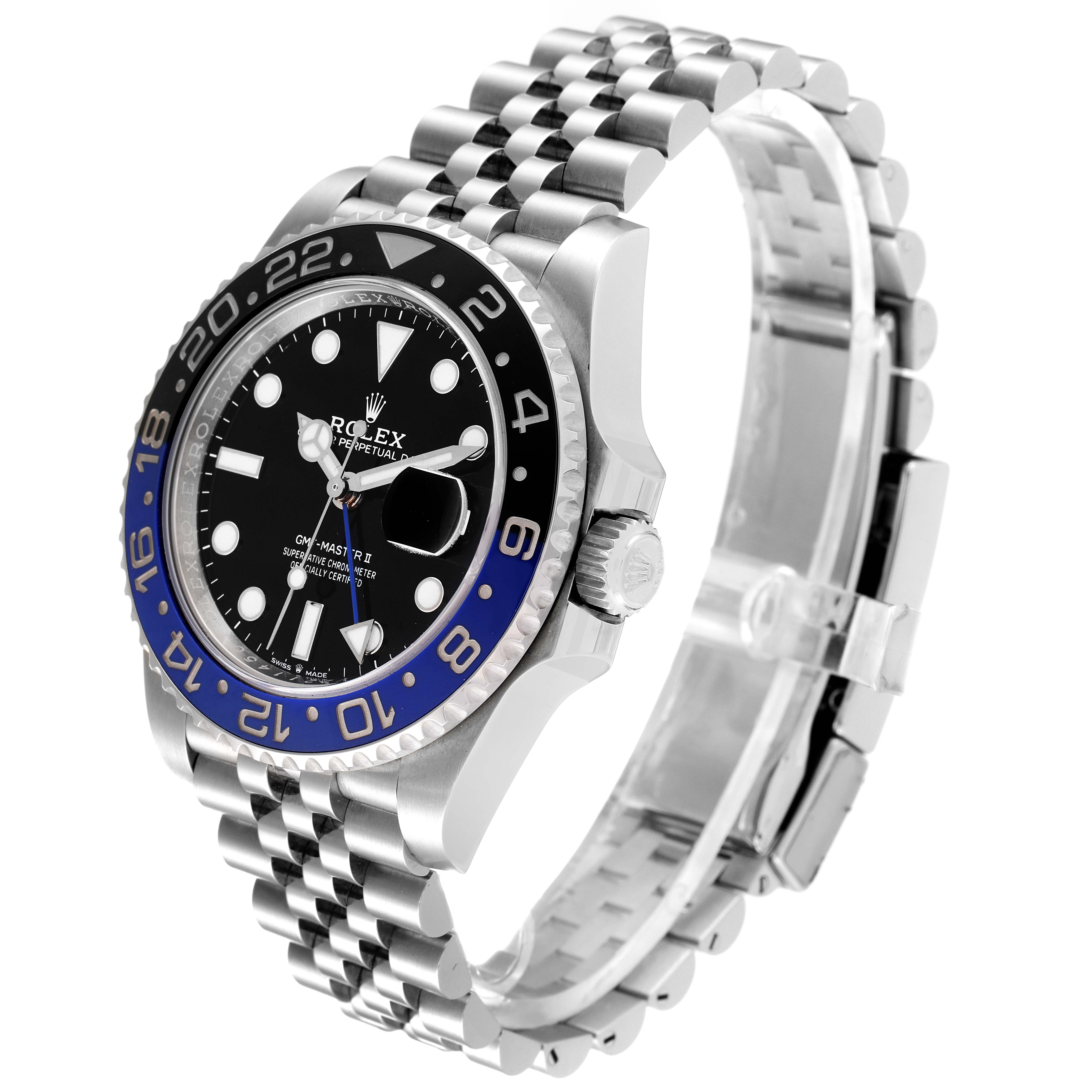 The image shows a side angle view of a Rolex GMT-Master 126710 Men
s Stainless Steel Black Dial 126710 Men
s Stainless Steel Black Dial watch, highlighting its bezel, dial, and jubilee bracelet.
