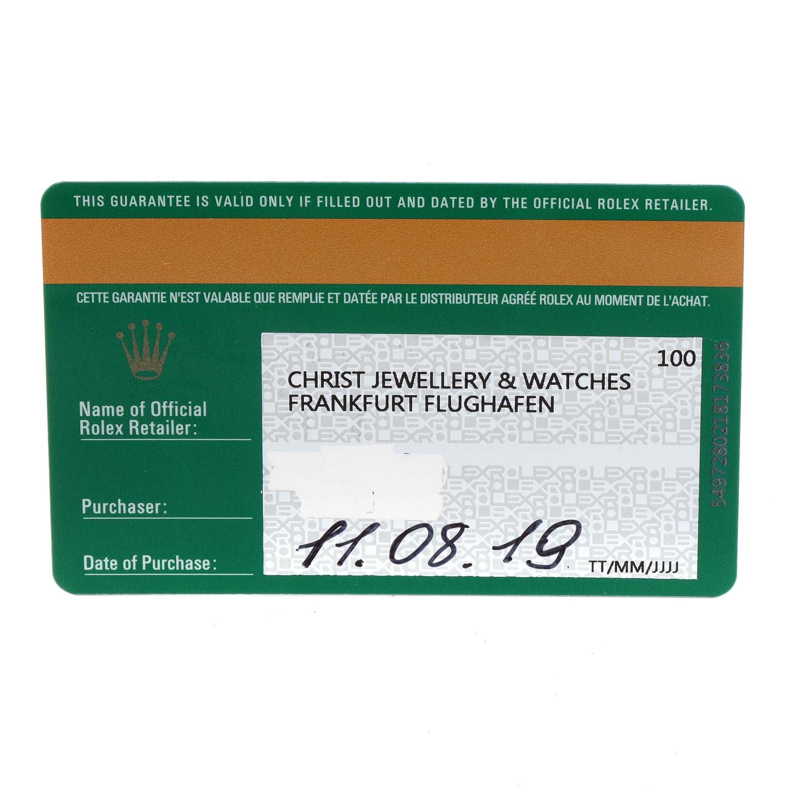 This is a close-up shot of the warranty card for a Rolex GMT-Master 126710 Men
s Stainless Steel Black Dial 126710 Men
s Stainless Steel Black Dial watch.