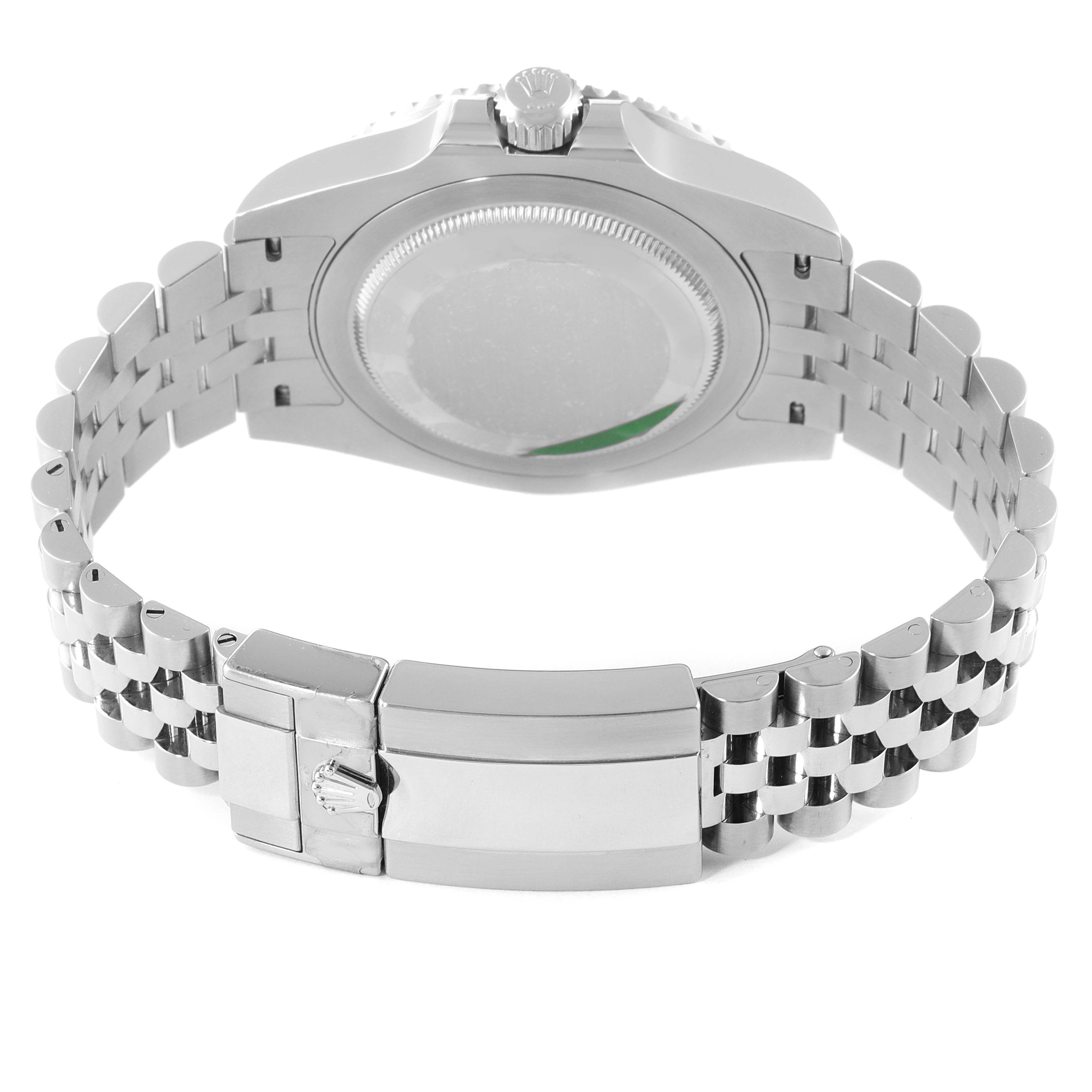 The image shows the back and bracelet clasp of a Rolex GMT-Master 126710 Men
s Stainless Steel Black Dial 126710 Men
s Stainless Steel Black Dial watch, with a focus on the case back and jubilee bracelet.