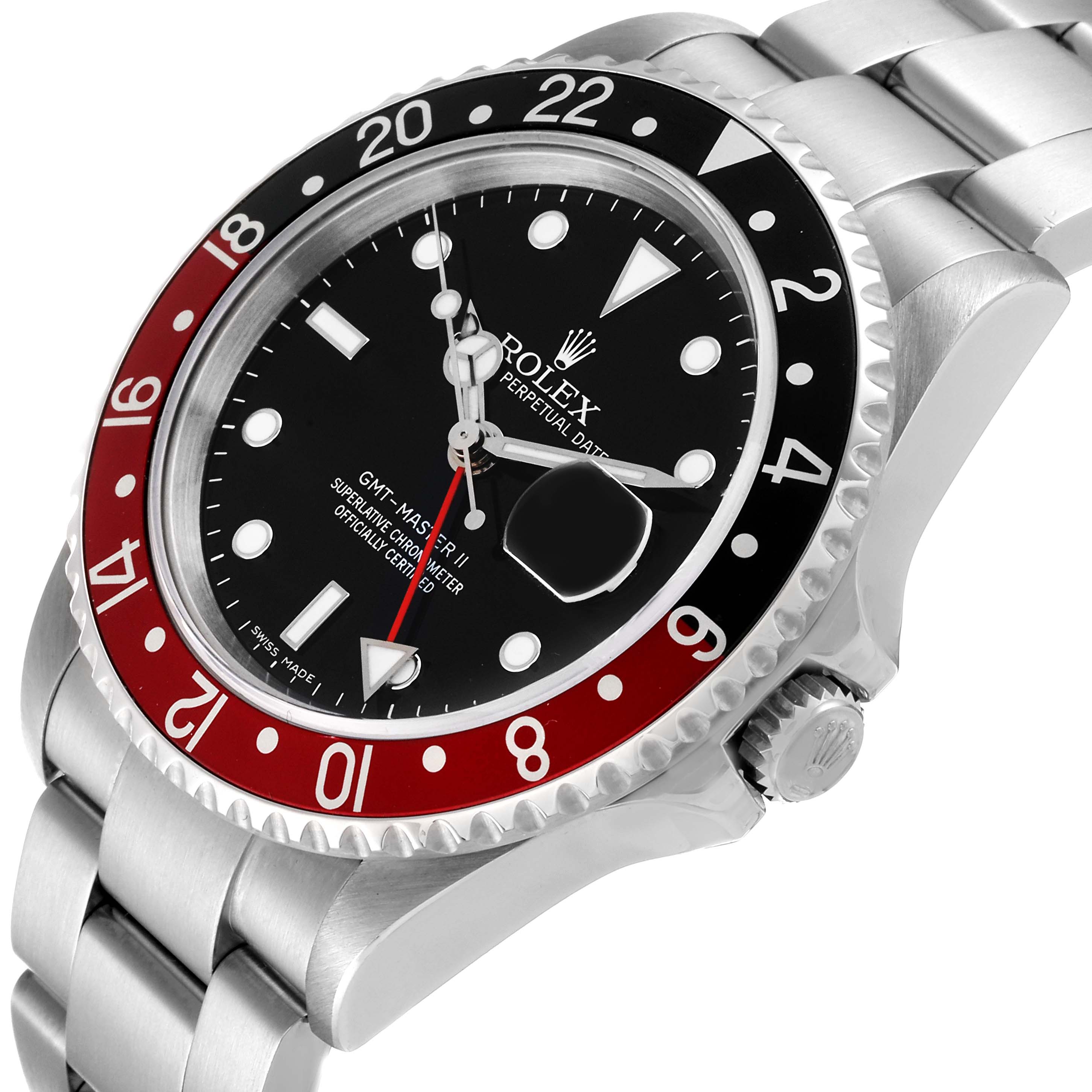The Rolex GMT-Master 16710 Men's Stainless Steel Black Dial 16710 Men's Stainless Steel Black Dial watch is shown at an angled side view, highlighting the dial, bezel, crown, and part of the bracelet.