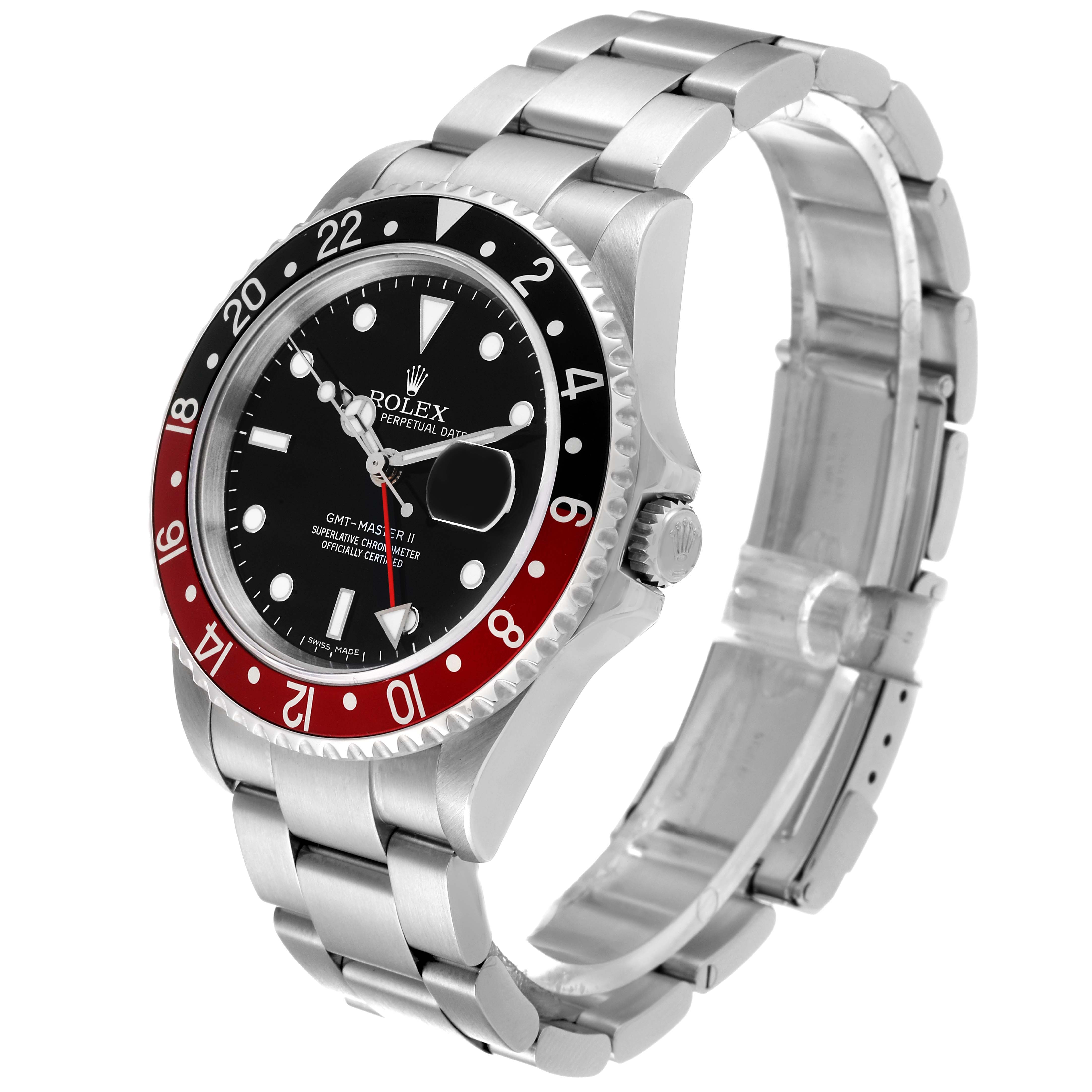 The Rolex GMT-Master 16710 Men's Stainless Steel Black Dial 16710 Men's Stainless Steel Black Dial watch is shown from a three-quarter angle, displaying the face, bezel, and stainless steel bracelet.