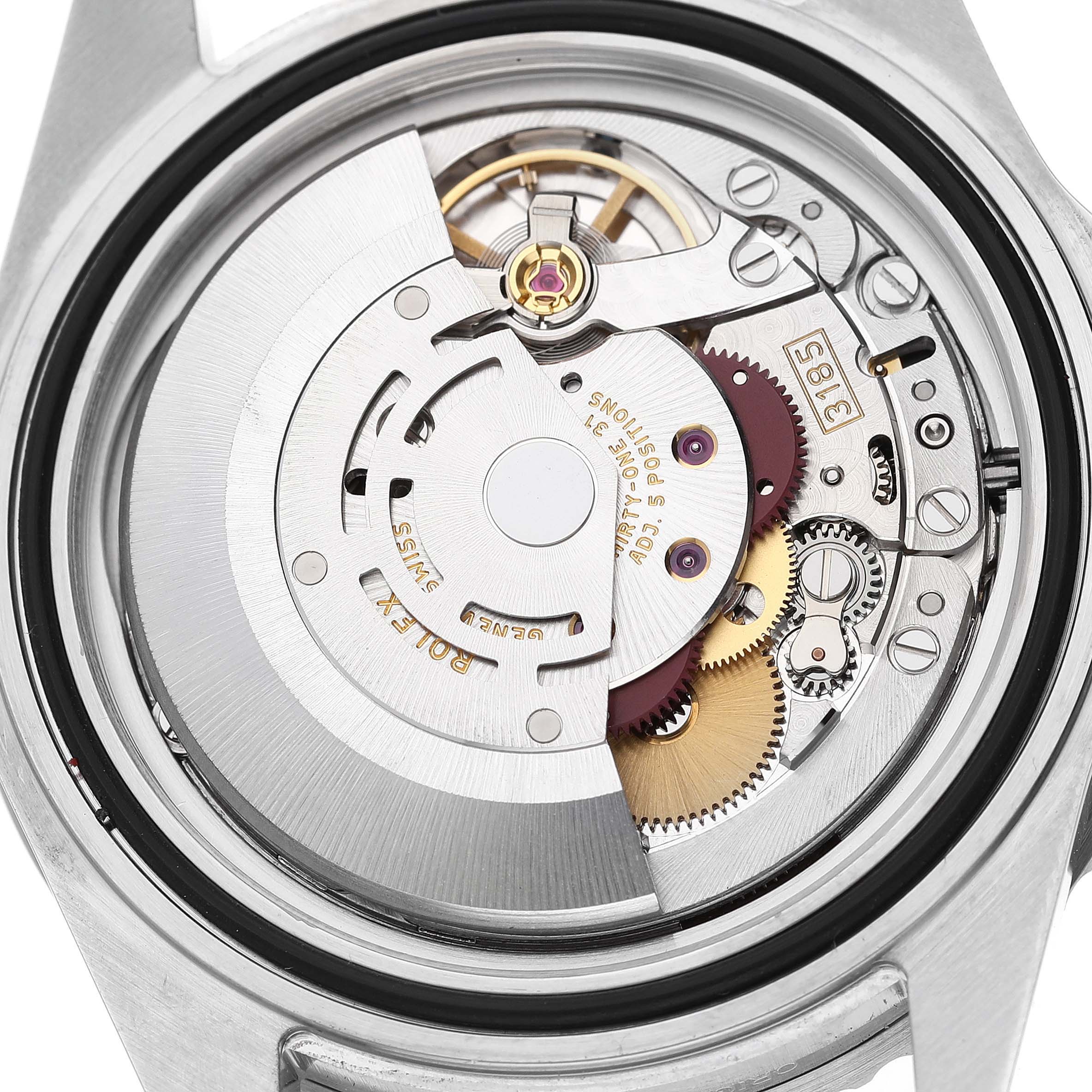 This image shows the movement and inner mechanical components of a Rolex GMT-Master 16710 Men's Stainless Steel Black Dial 16710 Men's Stainless Steel Black Dial watch, viewed from the back with the case removed.