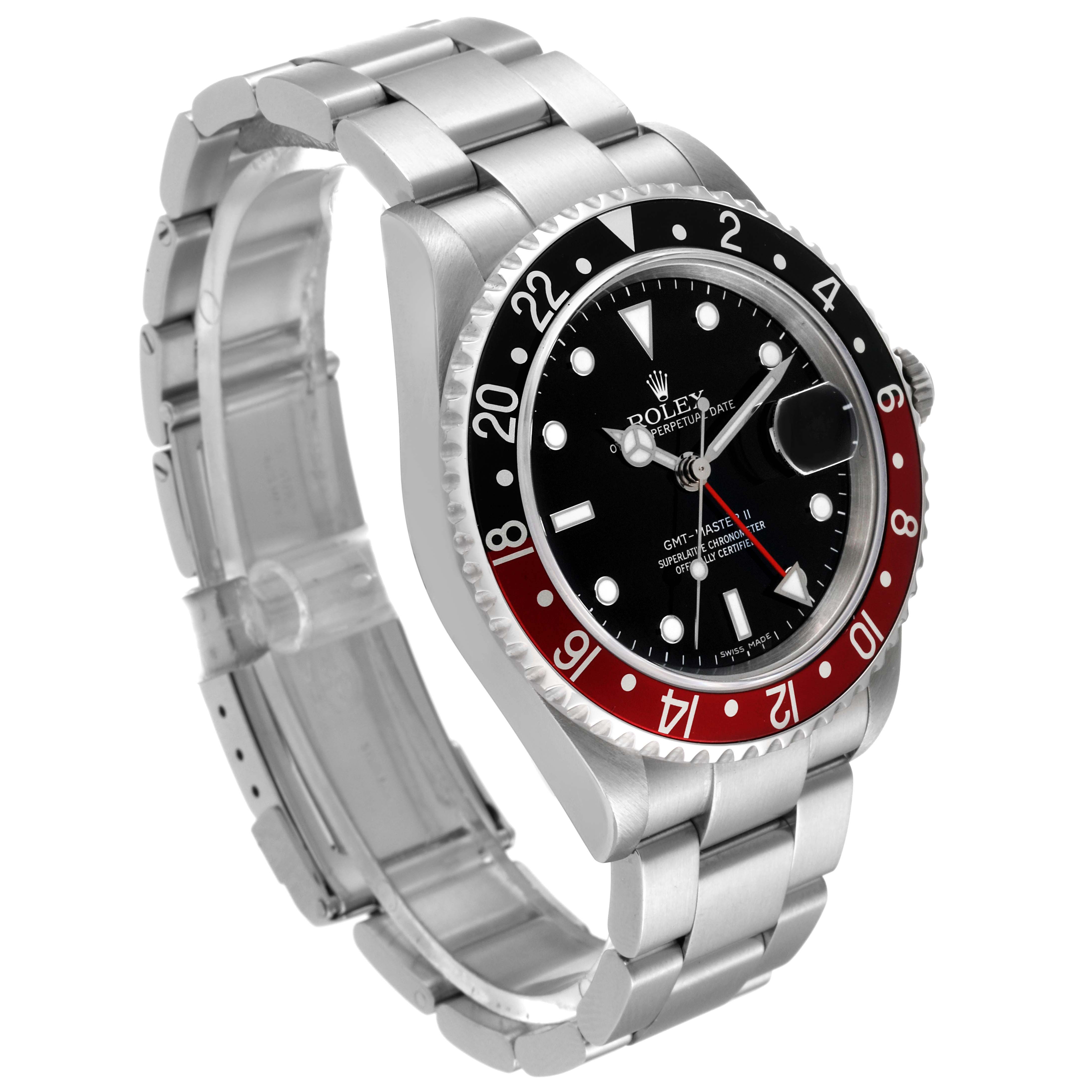 The Rolex GMT-Master 16710 Men's Stainless Steel Black Dial 16710 Men's Stainless Steel Black Dial watch is pictured at a three-quarter angle, showcasing the bezel, face, and partially extended metal band.