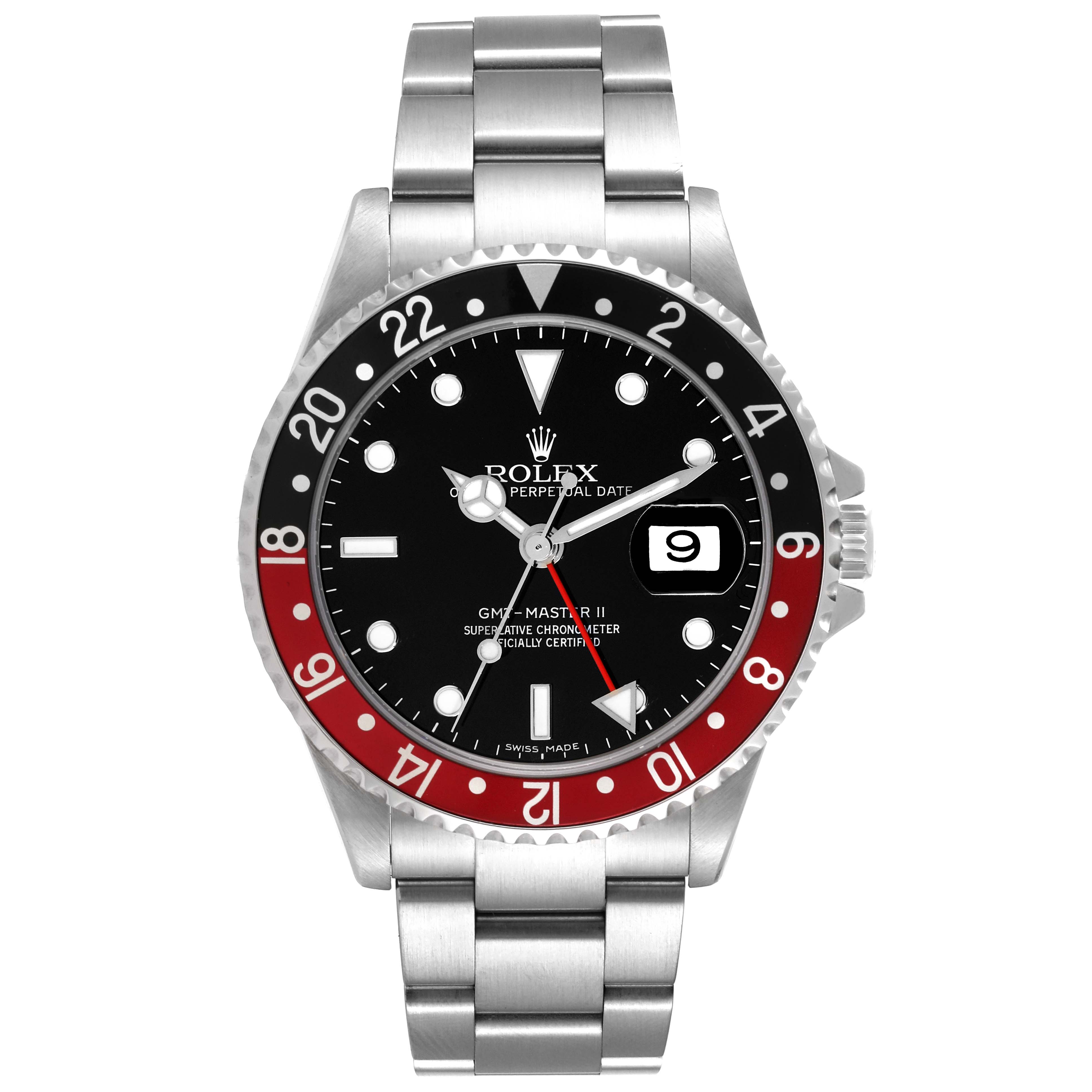 The image shows a front view of the Rolex GMT-Master 16710 Men's Stainless Steel Black Dial 16710 Men's Stainless Steel Black Dial II watch, displaying its bezel, dial, hands, and bracelet.