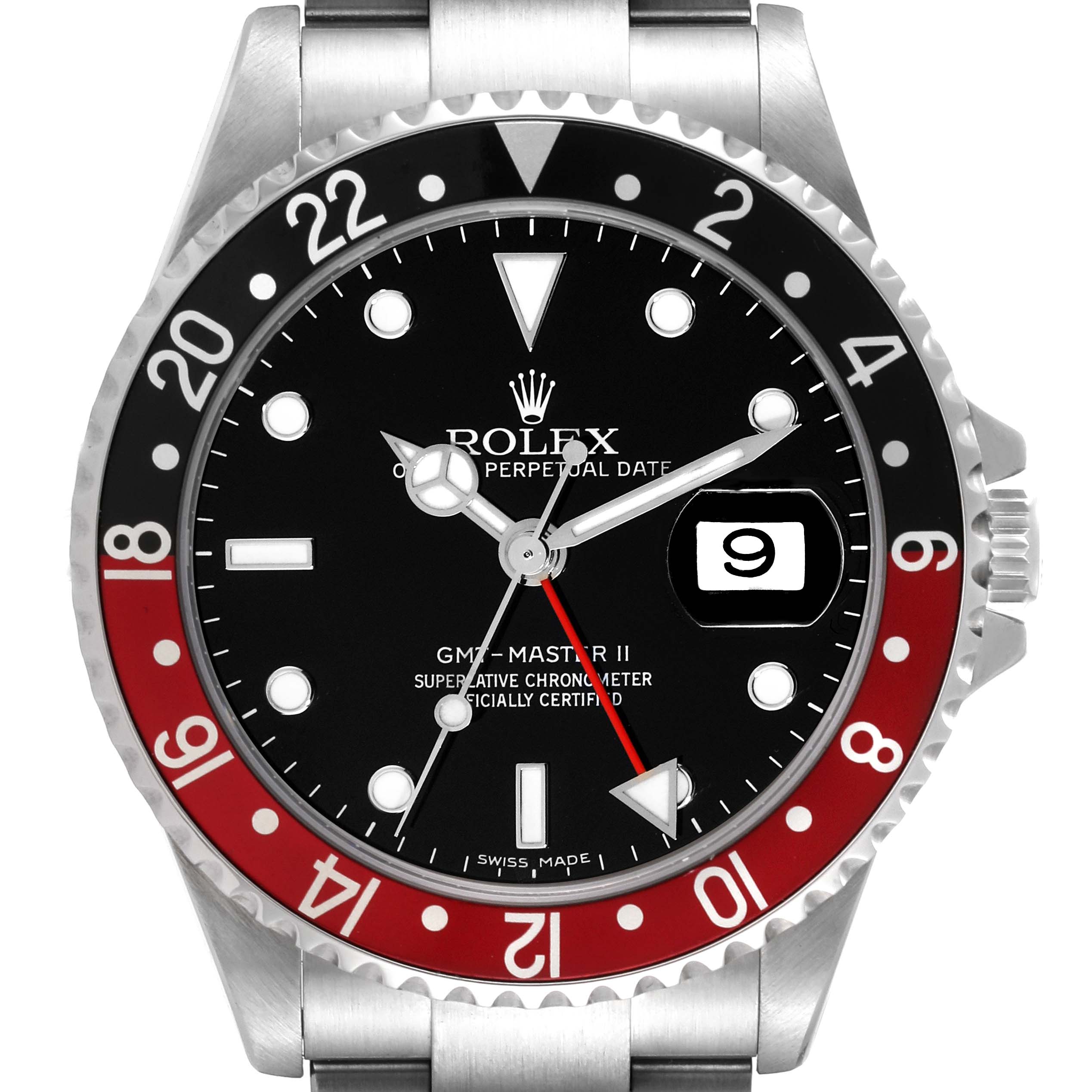 The image shows a front view of the Rolex GMT-Master 16710 Men's Stainless Steel Black Dial 16710 Men's Stainless Steel Black Dial II watch, highlighting the bezel, dial, hands, and date window.