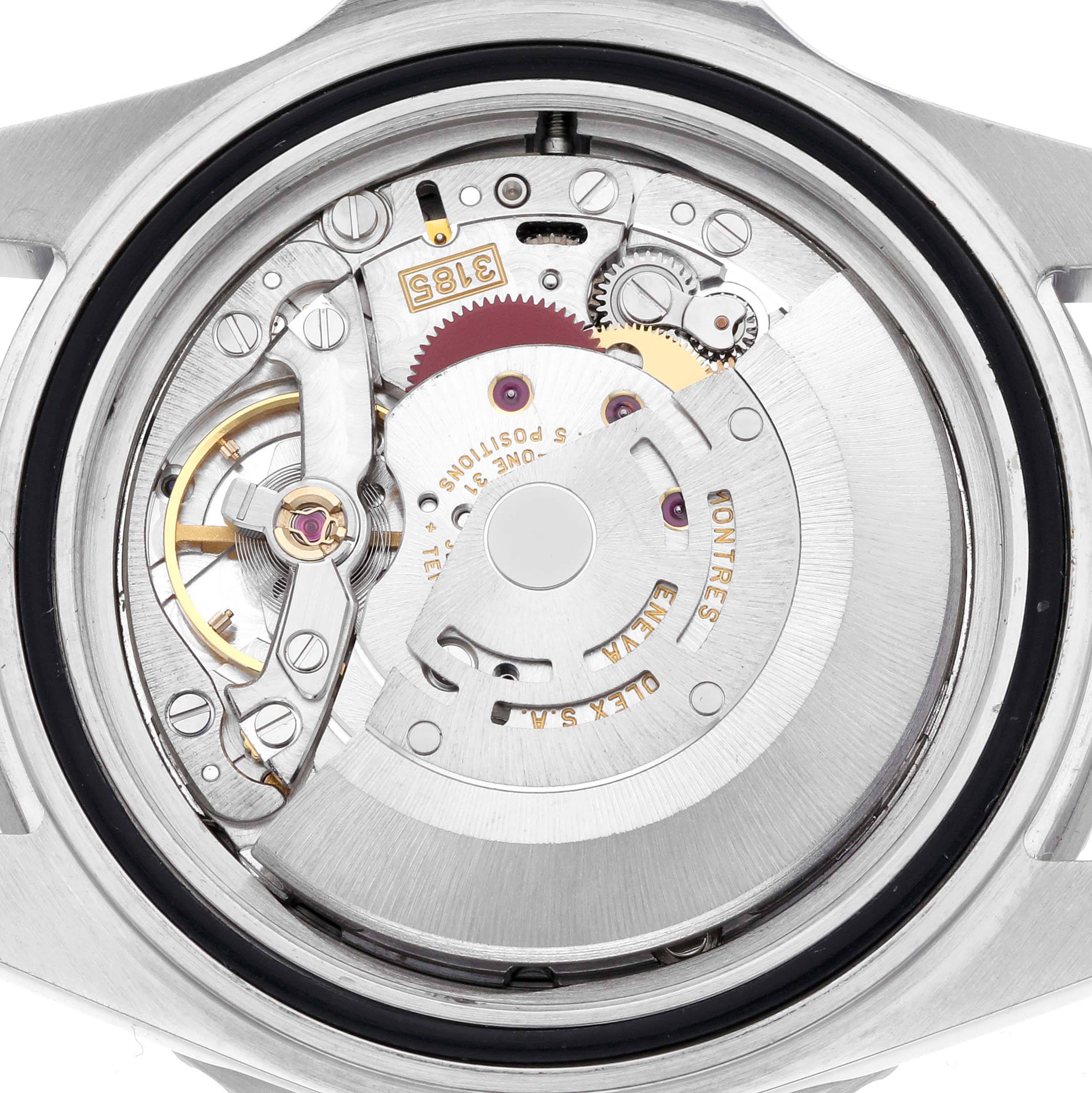 The image shows the intricate internal mechanism of a Rolex GMT-Master 16710 Men's Stainless Steel Black Dial 16710 Men's Stainless Steel Black Dial watch from the back, featuring gears and rotors.