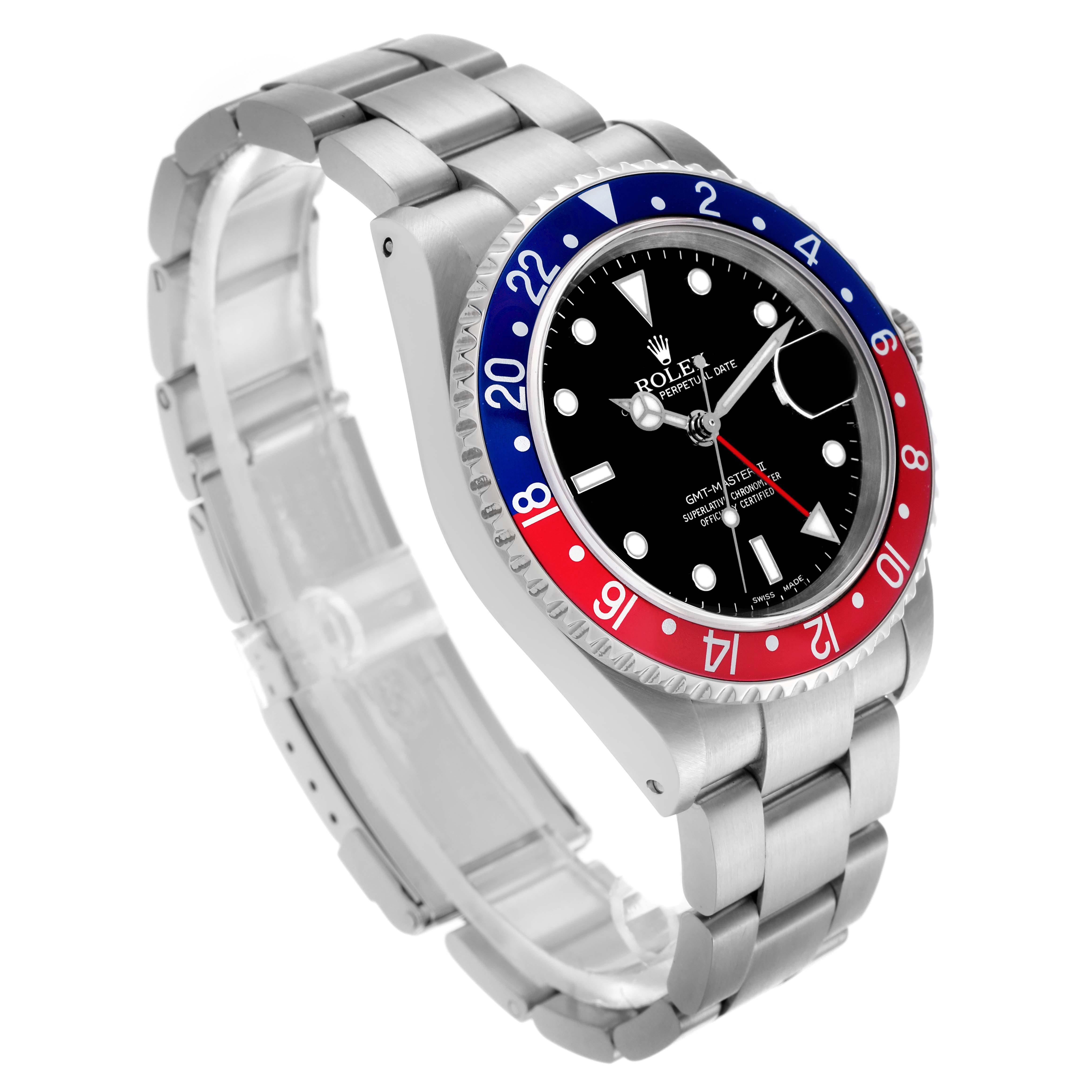 The Rolex GMT-Master 16710 Men's Stainless Steel Black Dial 16710 Men's Stainless Steel Black Dial watch is shown at a three-quarter angle, highlighting the bezel, dial, and bracelet.
