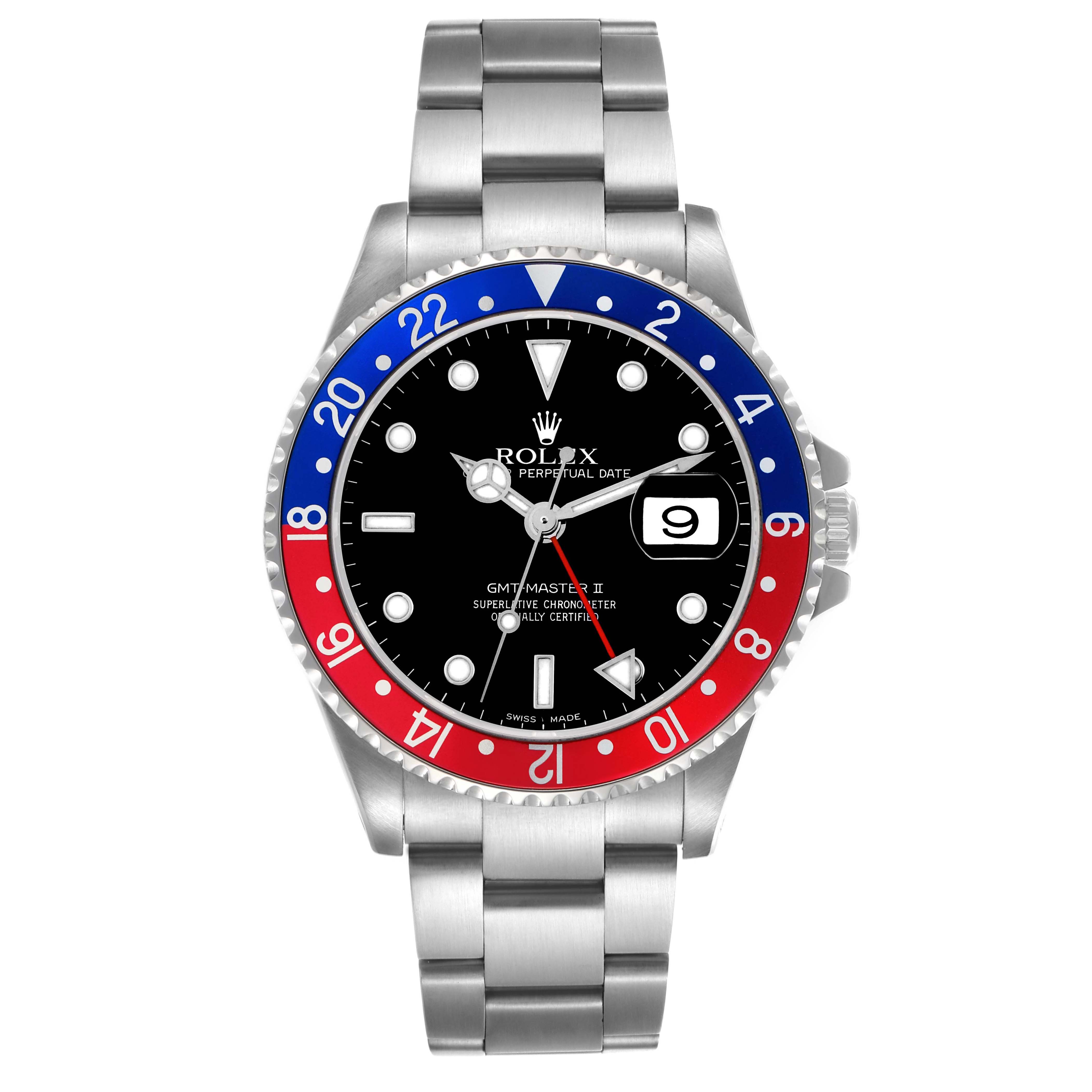 The Rolex GMT-Master 16710 Men's Stainless Steel Black Dial 16710 Men's Stainless Steel Black Dial watch is shown from the front, displaying the face, bezel, and bracelet.