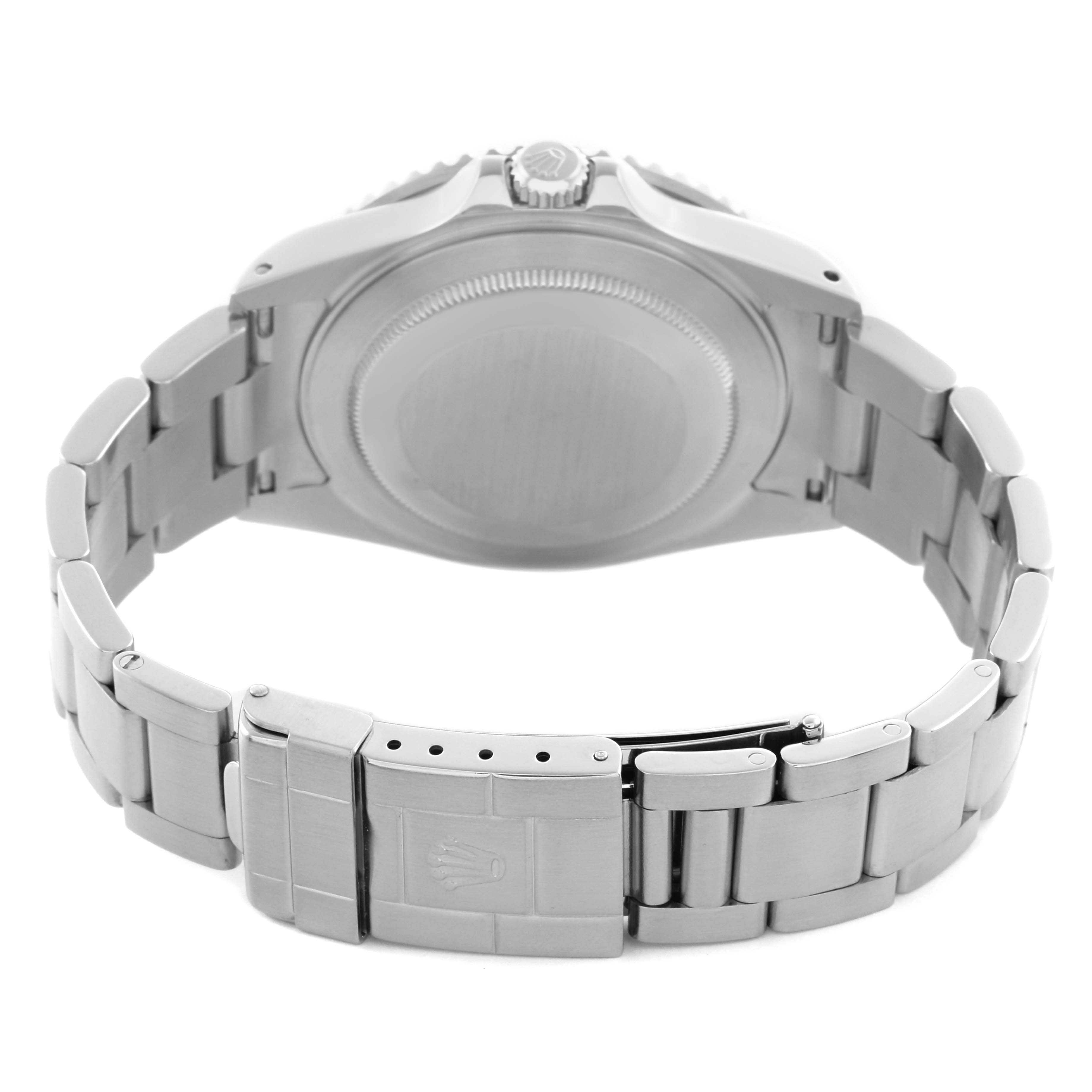 The image shows the back view of a Rolex GMT-Master 16710 Men's Stainless Steel Black Dial 16710 Men's Stainless Steel Black Dial watch, highlighting the bracelet and clasp.