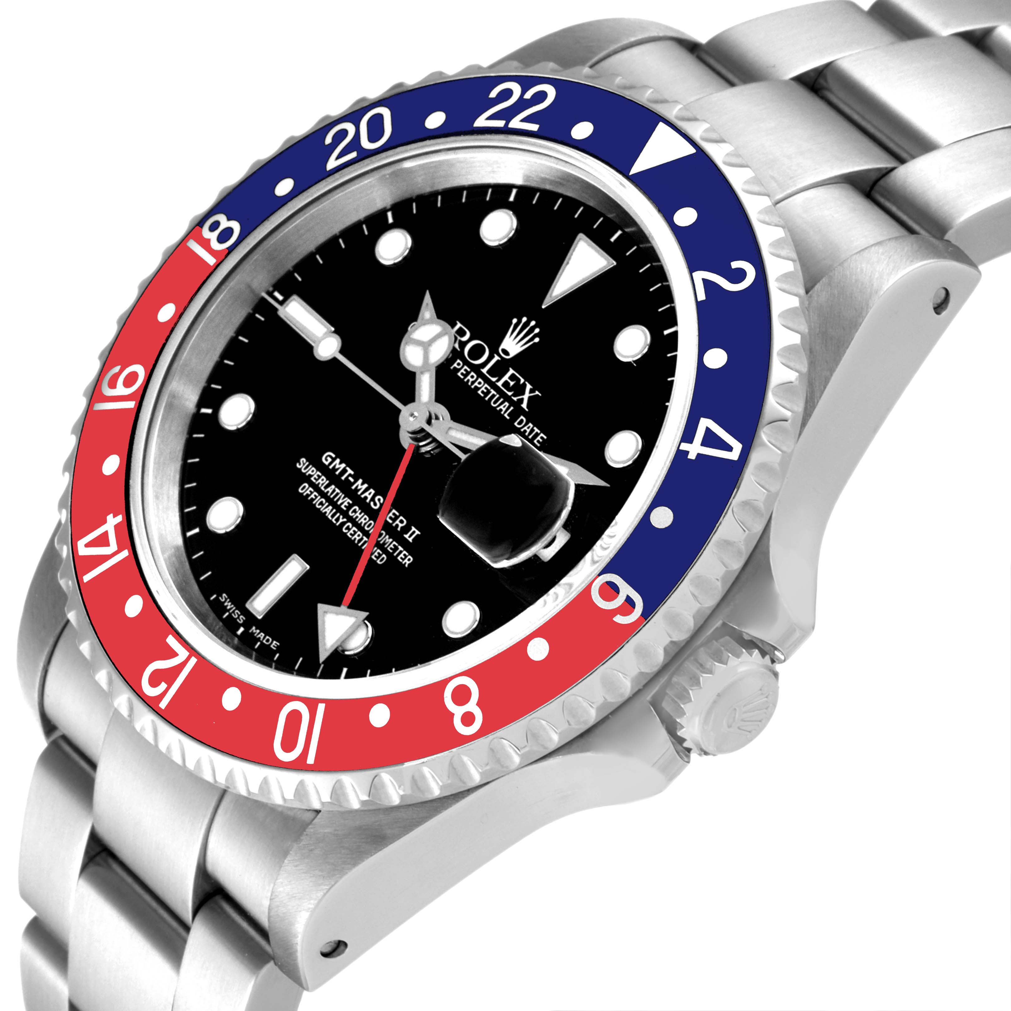 The image shows a close-up angled view of the Rolex GMT-Master 16710 Men
s Stainless Steel Black Dial 16710 Men
s Stainless Steel Black Dial II watch, highlighting the bezel, dial, and part of the bracelet.