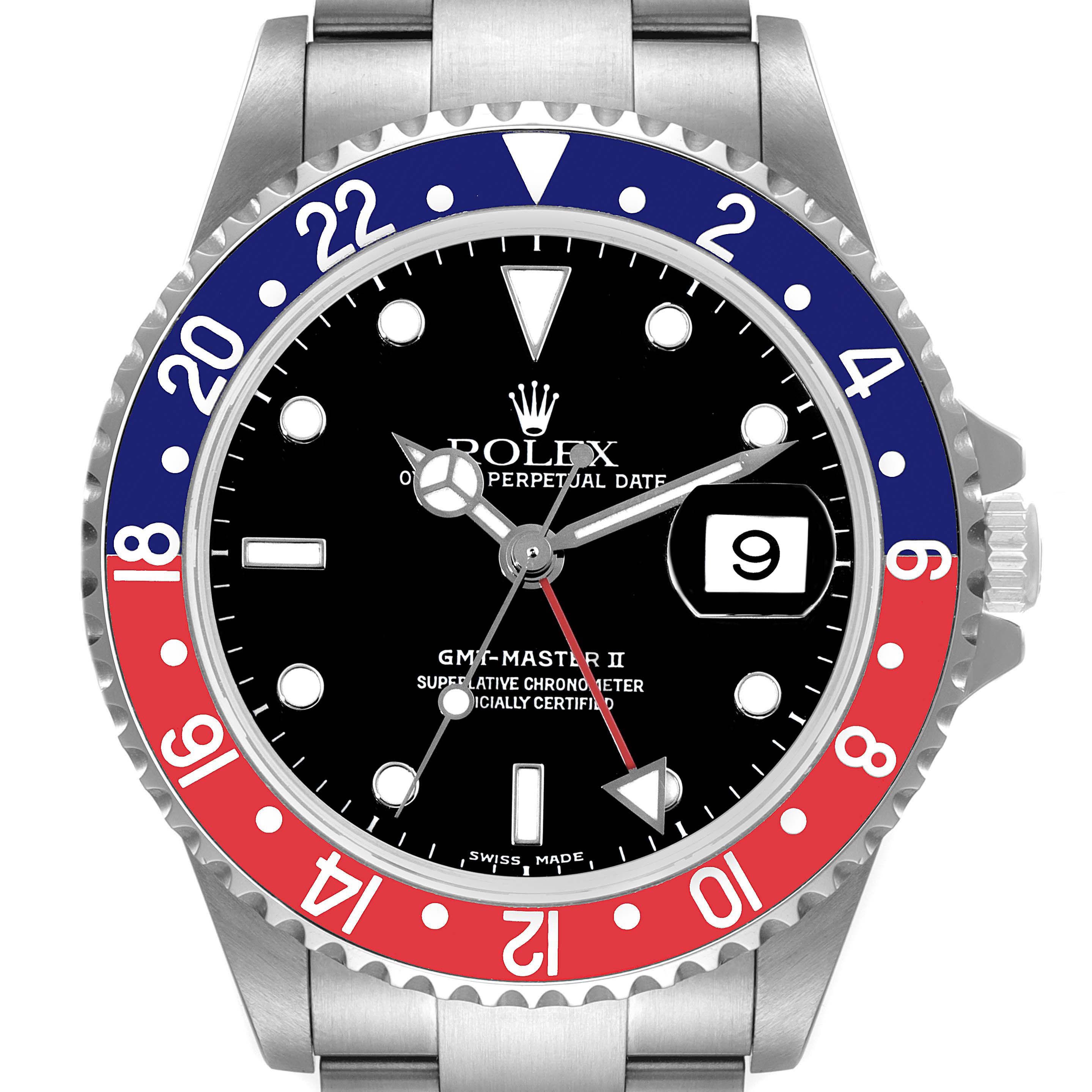 The image shows a front view of a Rolex GMT-Master 16710 Men
s Stainless Steel Black Dial 16710 Men
s Stainless Steel Black Dial II watch, highlighting its bezel, dial, hands, and bracelet.
