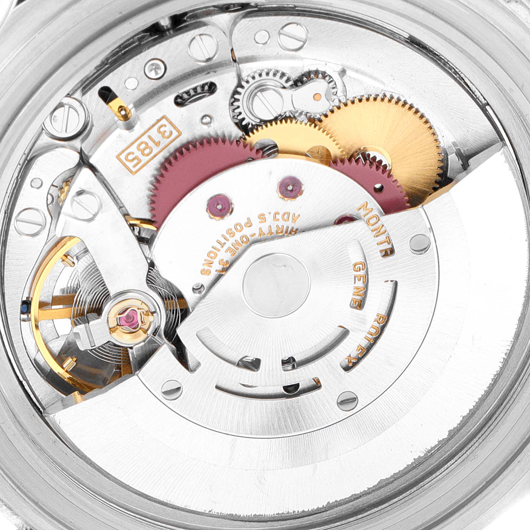 This is a close-up view of the movement inside a Rolex GMT-Master 16710 Men
s Stainless Steel Black Dial 16710 Men
s Stainless Steel Black Dial watch, showing gears and internal components.