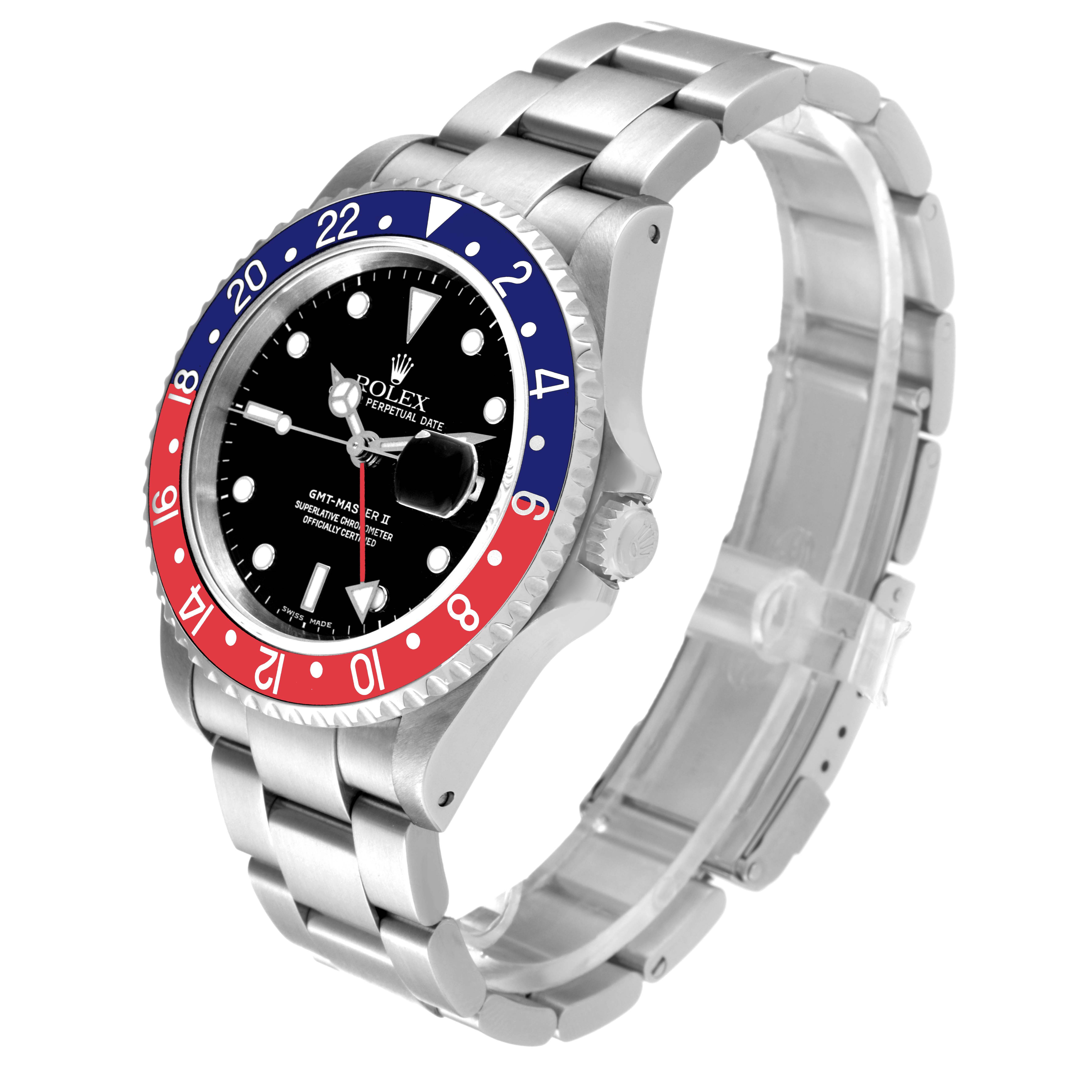 The Rolex GMT-Master 16710 Men
s Stainless Steel Black Dial 16710 Men
s Stainless Steel Black Dial watch is shown at an angled view, highlighting its bezel, case, dial, and bracelet.