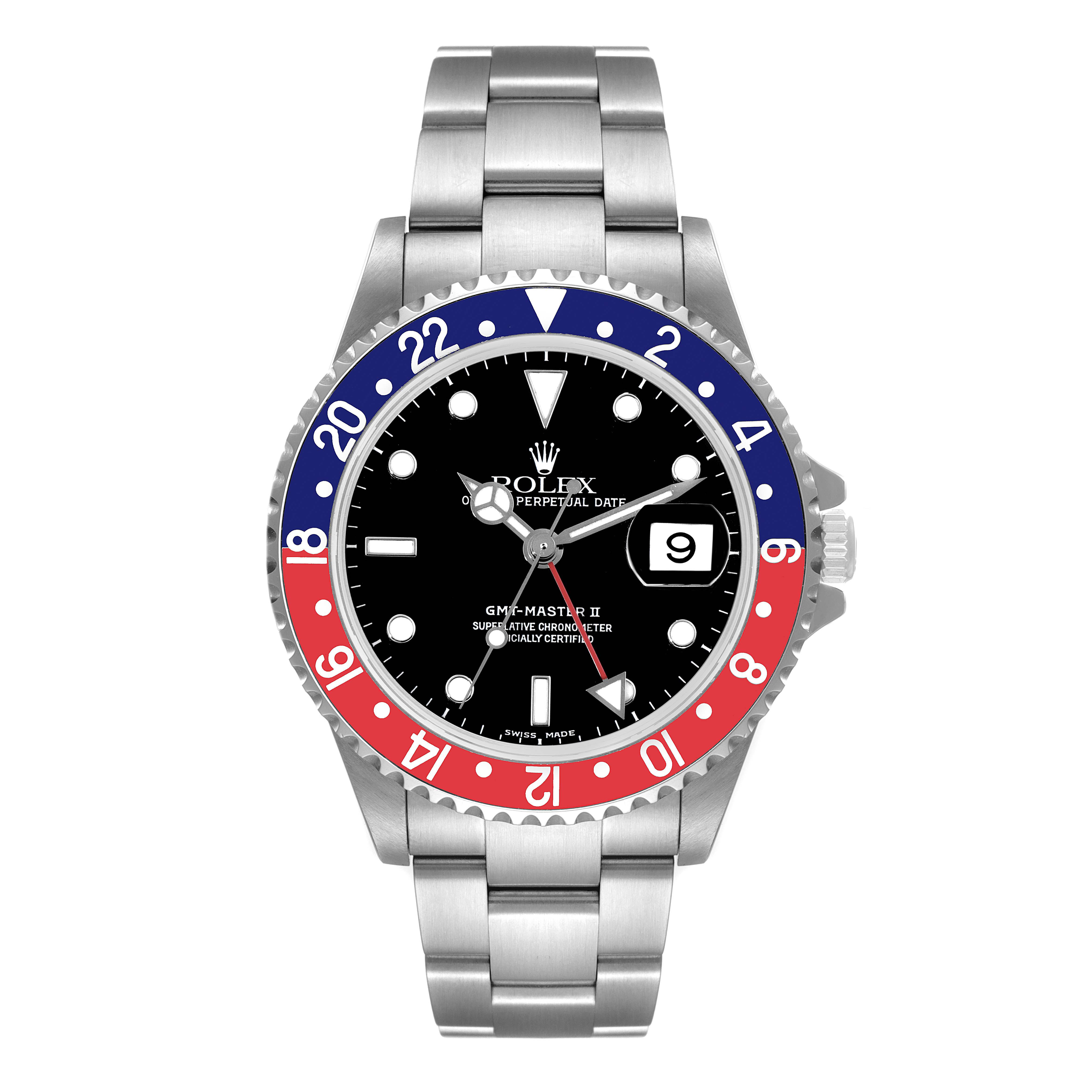 This Rolex GMT-Master 16710 Men
s Stainless Steel Black Dial 16710 Men
s Stainless Steel Black Dial watch is shown from the front, highlighting the black dial, bezel, and date function.