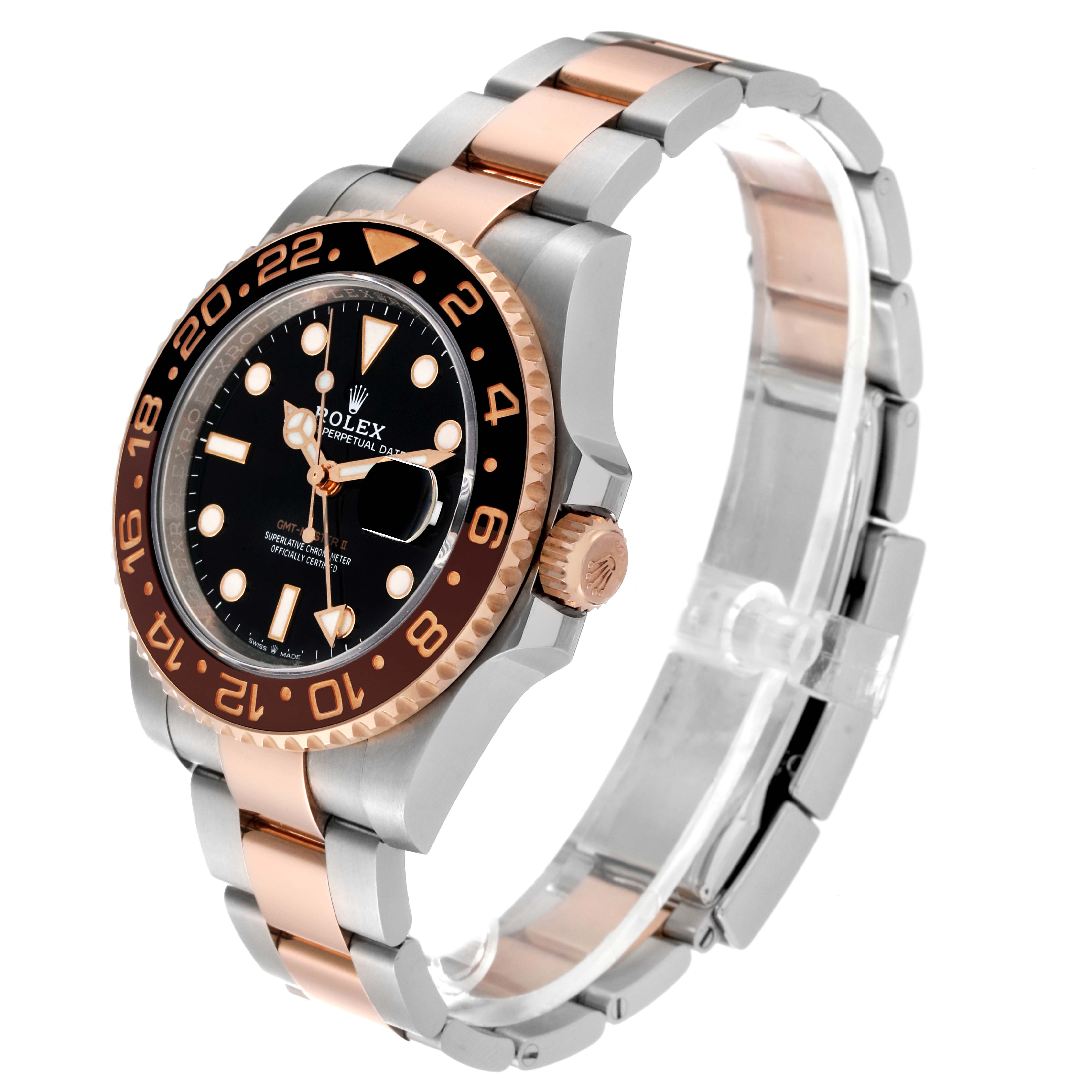 This image shows a Rolex GMT-Master 126711CHNR Men's Steel and Gold (two tone) Black Dial 126711CHNR Men's Steel and Gold (two tone) Black Dial watch from a three-quarter angle, highlighting its bezel, dial, and bracelet.