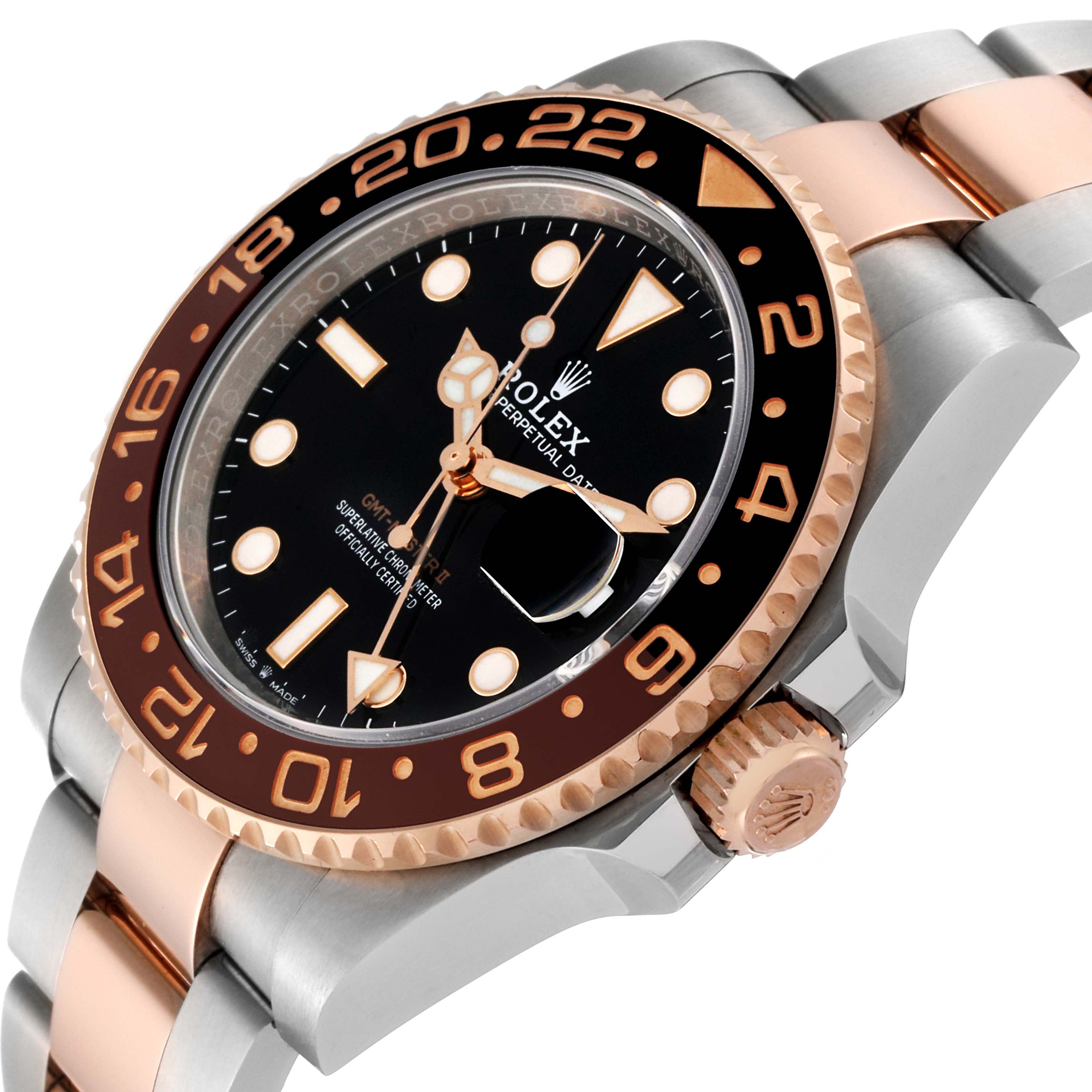 The image shows a close-up of the Rolex GMT-Master 126711CHNR Men's Steel and Gold (two tone) Black Dial 126711CHNR Men's Steel and Gold (two tone) Black Dial watch from a front angle, highlighting the bezel, dial, and bracelet.