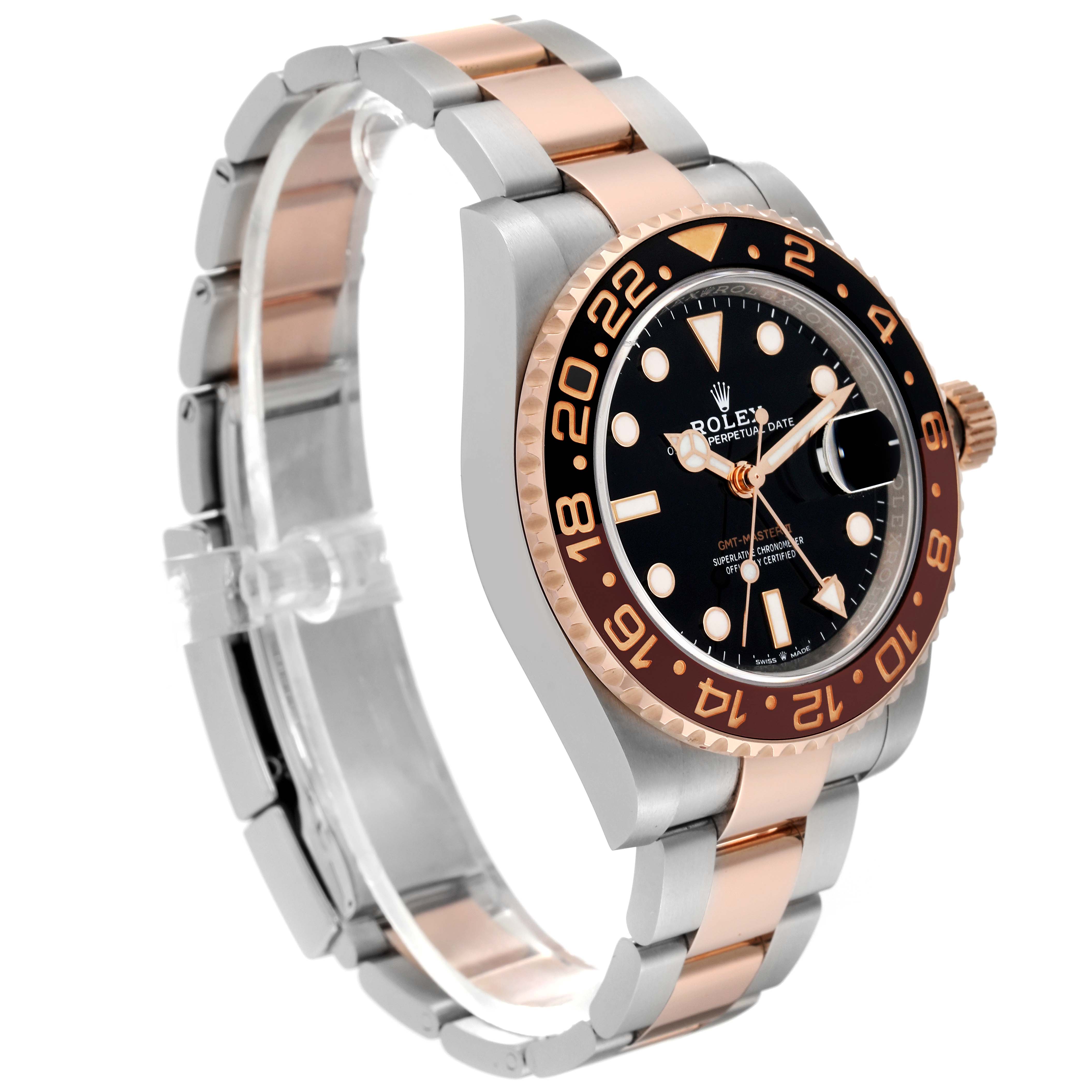 The image shows a side view of the Rolex GMT-Master 126711CHNR Men's Steel and Gold (two tone) Black Dial 126711CHNR Men's Steel and Gold (two tone) Black Dial watch, displaying its two-tone bracelet and bezel.