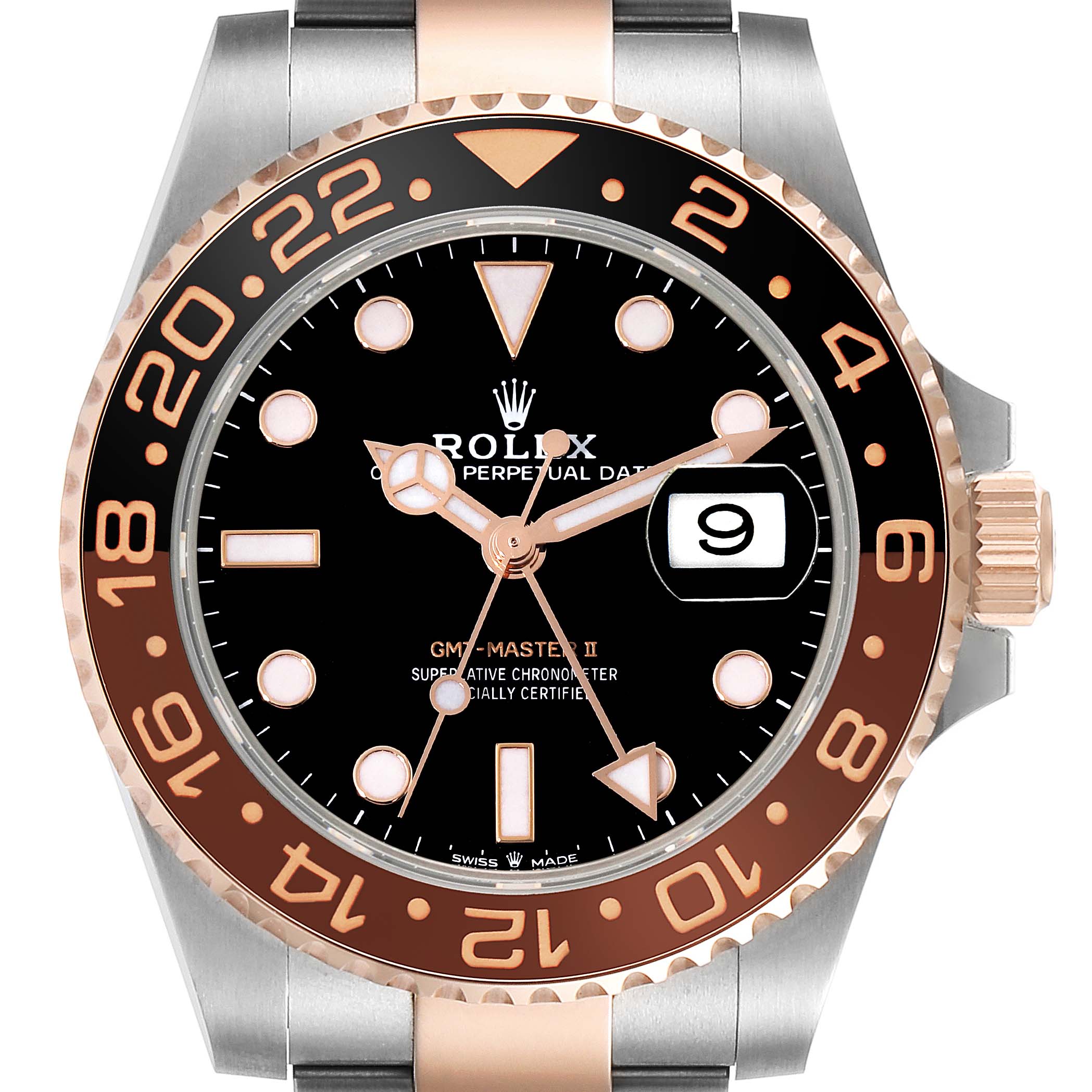 The image shows a close-up of the Rolex GMT-Master 126711CHNR Men's Steel and Gold (two tone) Black Dial 126711CHNR Men's Steel and Gold (two tone) Black Dial II watch, highlighting the face, bezel, dial, and crown.