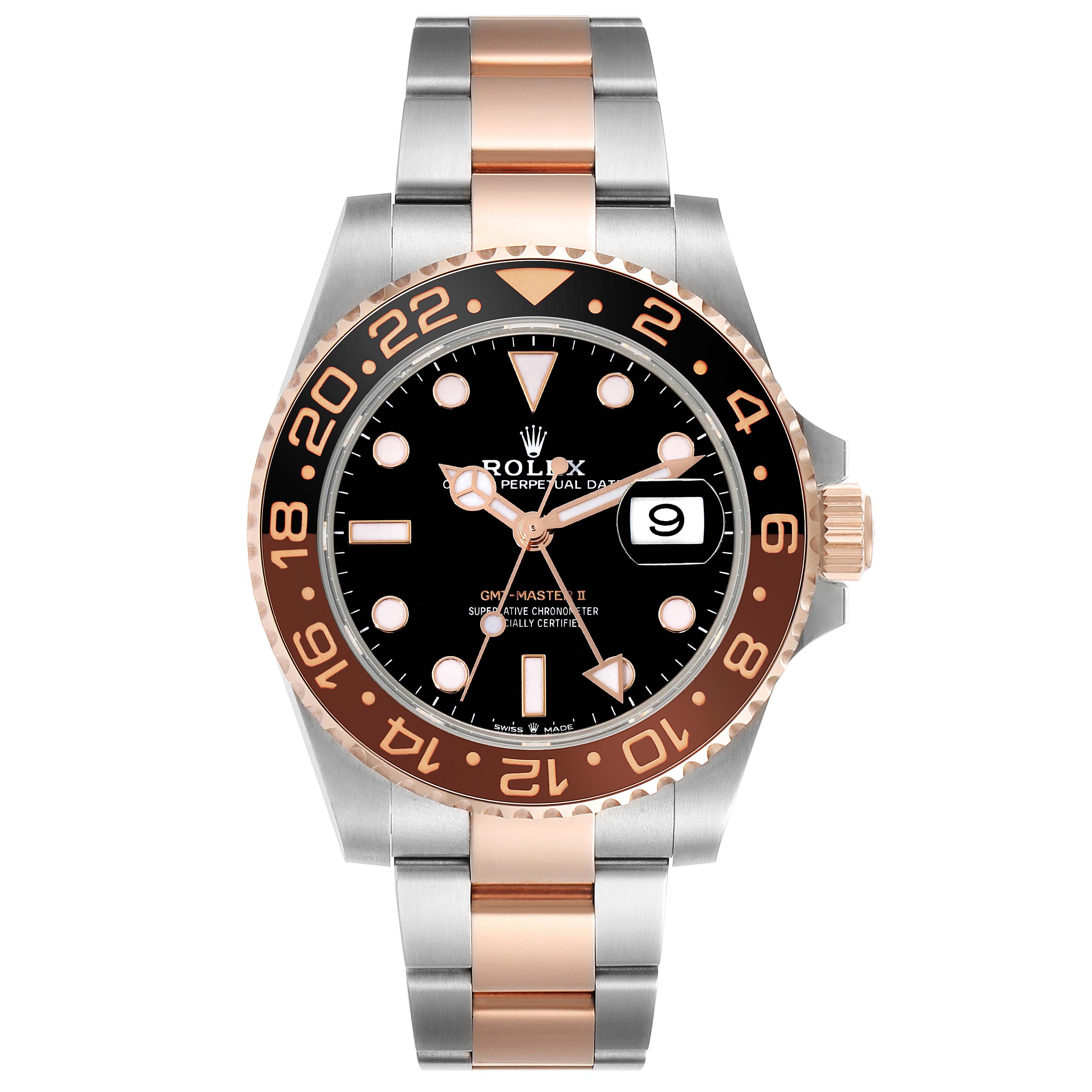 This image shows a front view of a Rolex GMT-Master 126711CHNR Men's Steel and Gold (two tone) Black Dial 126711CHNR Men's Steel and Gold (two tone) Black Dial watch, highlighting its black dial, two-tone bezel, and bracelet.