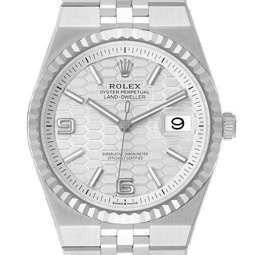 This image shows a front view of the Rolex Land-Dweller watch, highlighting its dial, bezel, crown, and bracelet.