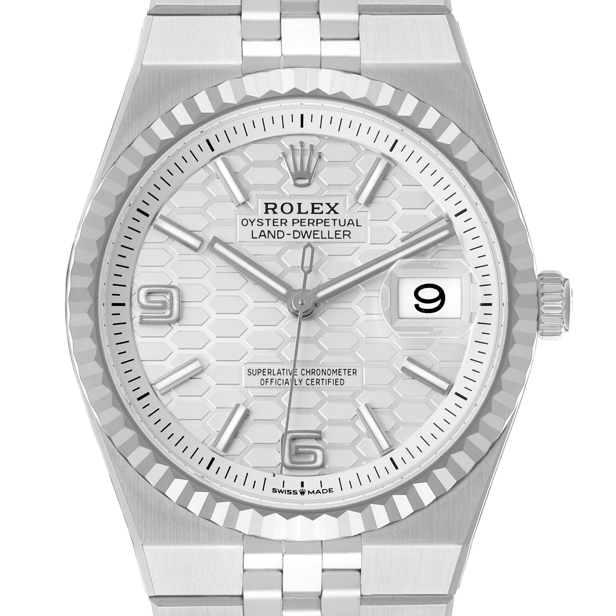 The Rolex Land-Dweller is shown from a frontal angle, displaying the dial, bezel, and part of the bracelet.